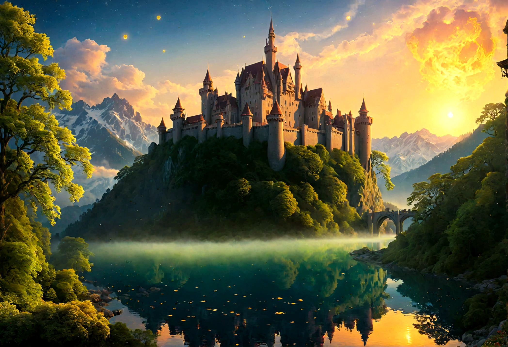 an award winning picture, National Geographic style, Arafed, magnificent artistic picture of a (castle: 1.4) on a mountain range near a lake at dusk, fantasy art D&D art, castle, with towers, turrets, barbican, it is dusk time, the sun is going down, and there are stars in the skies, the last rays of sun, there is a ((bridge lit by torches: 1.4)) crossing to the other side, the castle is being reflected in the water, mist rising from the water, fantasy forest background, ultra best realistic, best details, 16k, [ultra detailed], masterpiece, best quality, (extremely detailed), photorealism, depth of field, hyper realistic painting, Cinematic Hollywood Film style, digital art