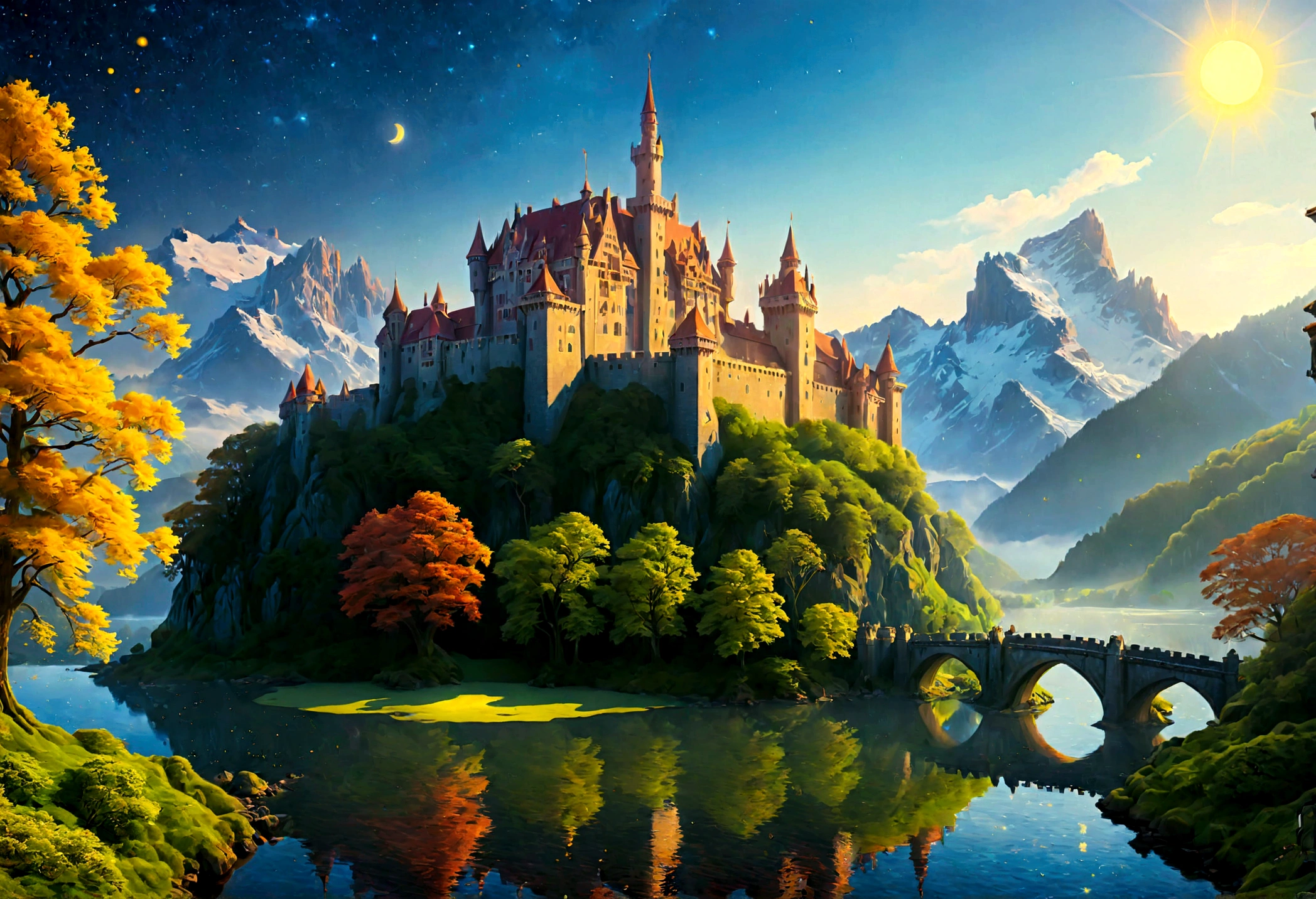 an award winning picture, National Geographic style, Arafed, magnificent artistic picture of a (castle: 1.4) on a mountain range near a lake at dusk, fantasy art D&D art, castle, with towers, turrets, barbican, it is dusk time, the sun is going down, and there are stars in the skies, the last rays of sun, there is a ((bridge lit by torches: 1.4)) crossing to the other side, the castle is being reflected in the water, mist rising from the water, fantasy forest background, ultra best realistic, best details, 16k, [ultra detailed], masterpiece, best quality, (extremely detailed), photorealism, depth of field, hyper realistic painting, Cinematic Hollywood Film style, digital art