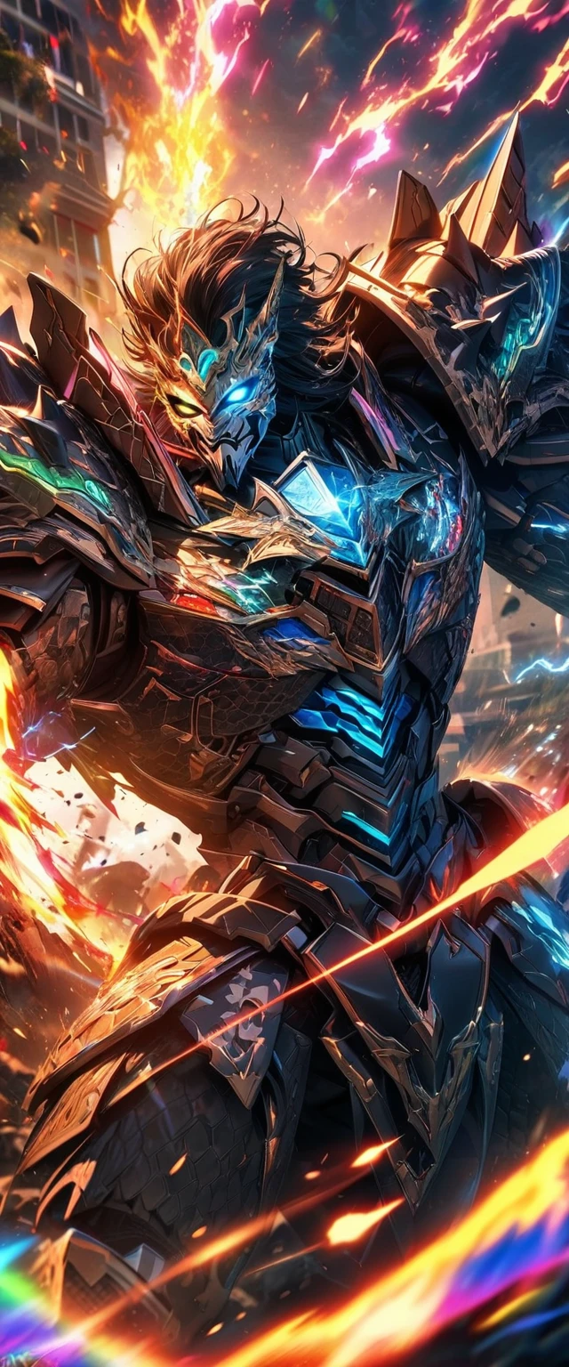 absurdres, highres, ultra detailed, HDR, masterpiece, extremely detailed face and eyes, colorful shinning black Indonesian batik pattern Lion God Mecha armor dragon knight, Epic mecha lion mask,,colorful Black hair , , solo, ,man, handsome, , , Epic fight scene, colorful flames splashing effect,colorful lightning effect,glowing glitters