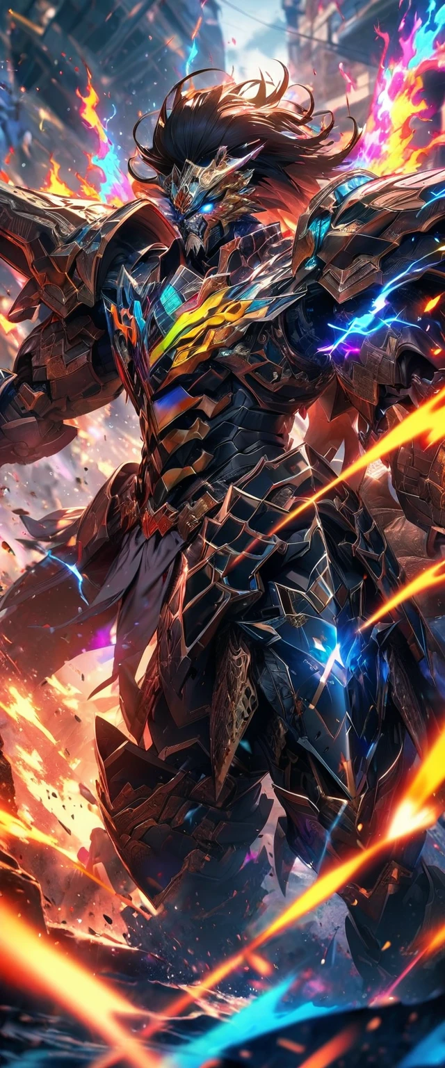 absurdres, highres, ultra detailed, HDR, masterpiece, extremely detailed face and eyes, colorful shinning black Indonesian batik pattern Lion God Mecha armor dragon knight, Epic mecha lion mask,,colorful Black hair , , solo, ,man, handsome, , , Epic fight scene, colorful flames splashing effect,colorful lightning  effect,glowing glitters 