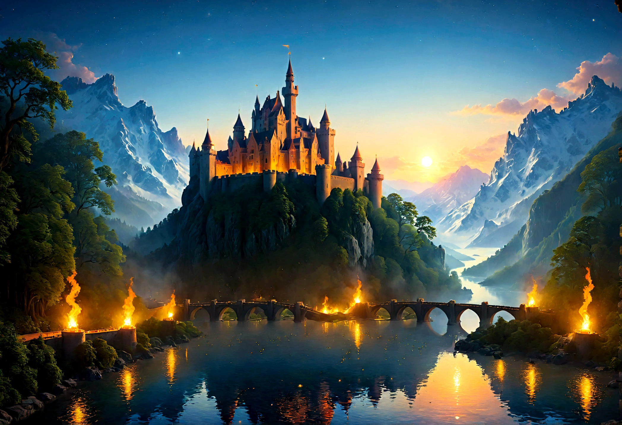an award winning picture, National Geographic style, Arafed, magnificent artistic picture of a (castle: 1.4) on a mountain range near a lake at dusk, fantasy art D&D art, castle, with towers, turrets, barbican, it is dusk time, the sun is going down, and there are stars in the skies, the last rays of sun, there is a ((bridge lit by torches: 1.4)) crossing to the other side, the castle is being reflected in the water, mist rising from the water, fantasy forest background, ultra best realistic, best details, 16k, [ultra detailed], masterpiece, best quality, (extremely detailed), photorealism, depth of field, hyper realistic painting, Cinematic Hollywood Film style, digital art