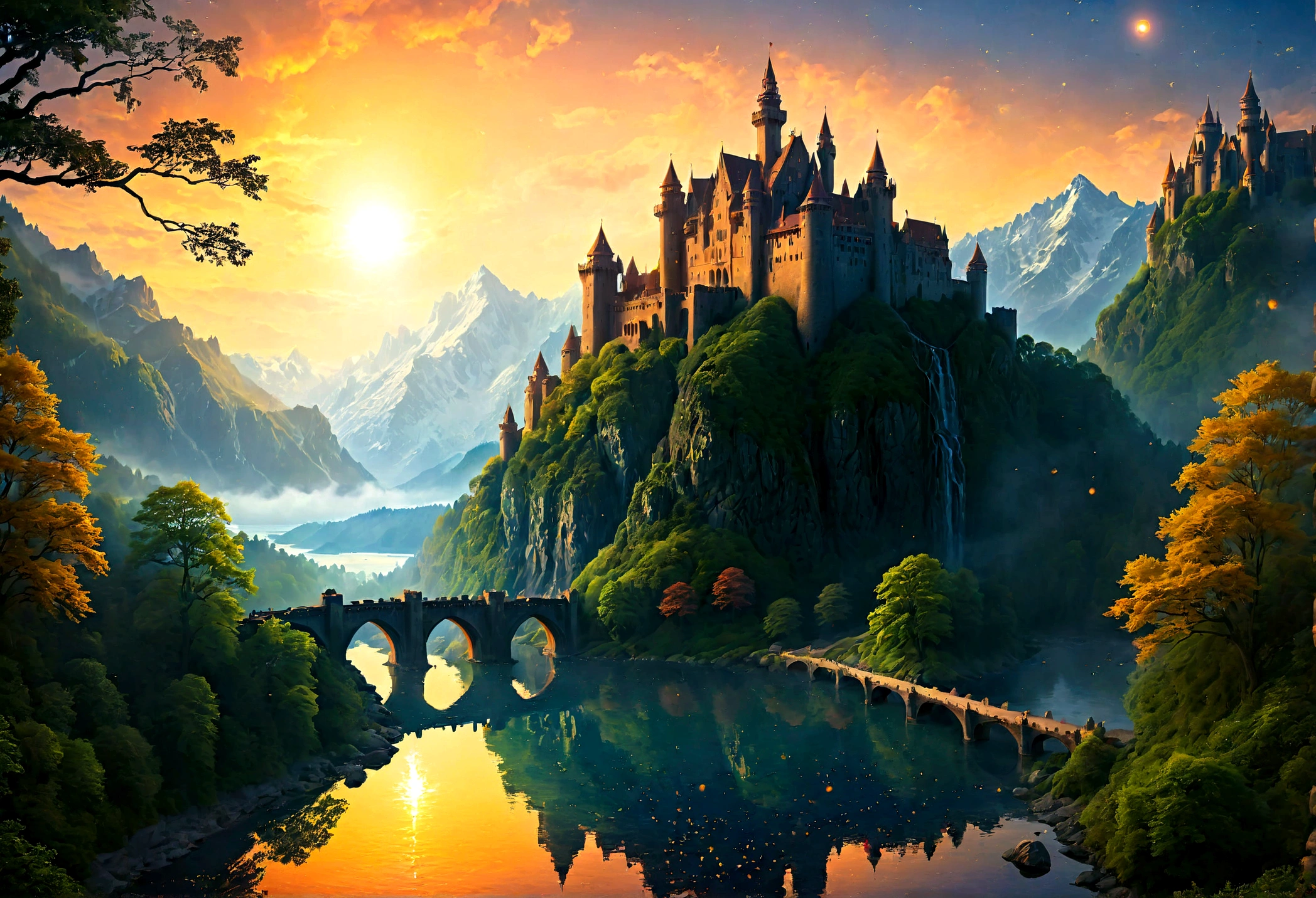 an award winning picture, National Geographic style, Arafed, magnificent artistic picture of a (castle: 1.4) on a mountain range near a lake at dusk, fantasy art D&D art, castle, with towers, turrets, barbican, it is dusk time, the sun is going down, and there are stars in the skies, the last rays of sun, there is a ((bridge lit by torches: 1.4)) crossing to the other side, the castle is being reflected in the water, mist rising from the water, fantasy forest background, ultra best realistic, best details, 16k, [ultra detailed], masterpiece, best quality, (extremely detailed), photorealism, depth of field, hyper realistic painting, Cinematic Hollywood Film style, digital art