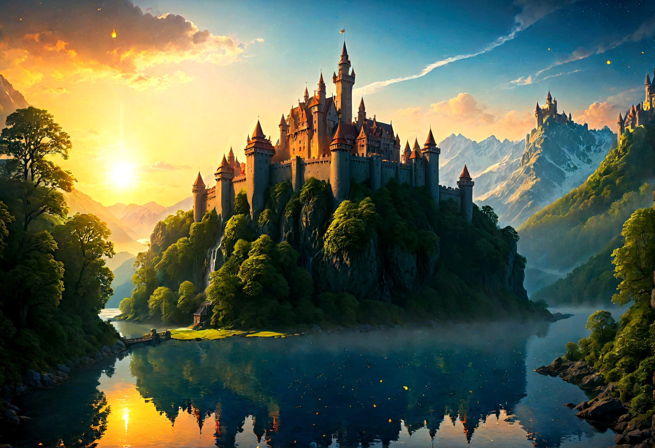 an award winning picture, National Geographic style, Arafed, magnificent artistic picture of a (castle: 1.4) on a mountain range near a lake at dusk, fantasy art D&D art, castle, with towers, turrets, barbican, it is dusk time, the sun is going down, and there are stars in the skies, the last rays of sun, there is a ((bridge lit by torches: 1.4)) crossing to the other side, the castle is being reflected in the water, mist rising from the water, fantasy forest background, ultra best realistic, best details, 16k, [ultra detailed], masterpiece, best quality, (extremely detailed), photorealism, depth of field, hyper realistic painting, Cinematic Hollywood Film style, digital art