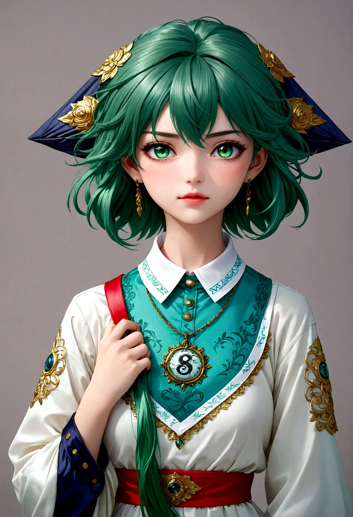 a beautiful anime girl with green hair, wearing a white shirt with a collar, detailed and realistic, highly detailed face and eyes, intricate details, photorealistic, 8k, masterpiece, vivid colors, dramatic lighting, cinematic composition, fantasy, elegant, graceful, peaceful expression