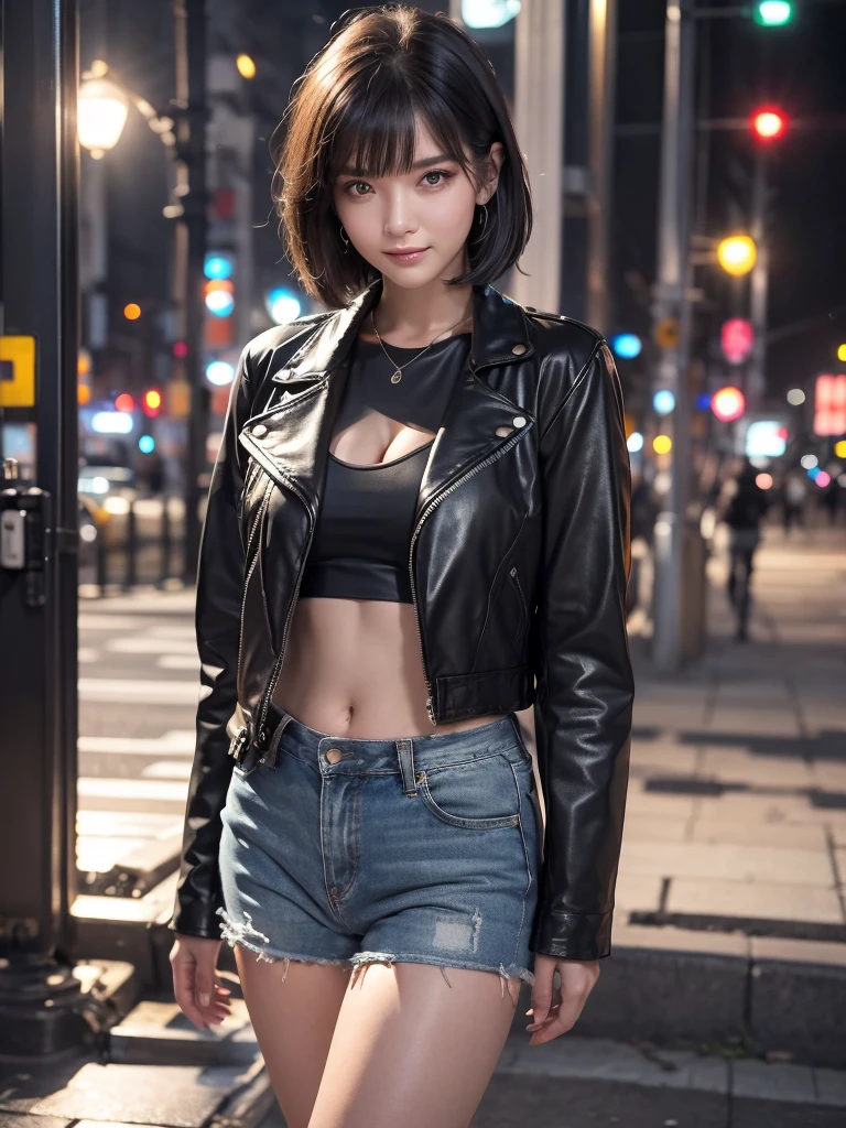 highest quality、8k Masterpiece、超A high resolution、(Photorealistic:1.3)、RAW Photos、1 girl、The black leather jacket looks great against bare skin.、Denim pants、No bra、Silver charm on the ankle、Black boots、Super short straight black hair、short Hair、Hair blowing in the wind、Glowing Skin、1 Cyberpunk Bike Rider、((Ultra-Realistic Details))、Portrait、Global Illumination、Shadow、Octane Rendering、8k、Super sharp、Beautiful breastetal、Cold colors、darkness、Very intricate details、Realistic Light、CGSoation Trend、Beautiful Eyes、Shining Eyes、To the camera、Neon Details、２０age、Too beautiful face、Intelligence、Obscene、Sexy、smile、whole body、Healthy Body、Manhattan at night in the background、Helipad on a high-rise building、love、Charm、mischievouore sexy、Hands on chest、Make your background more vibrant、Future、Angle to toes、Whiter skin、Standing posture、More realistic facial features、Retrospective、wide shot、full body、More realistic Japanese faces、Panoramic view of buildings、wild、Terminator、