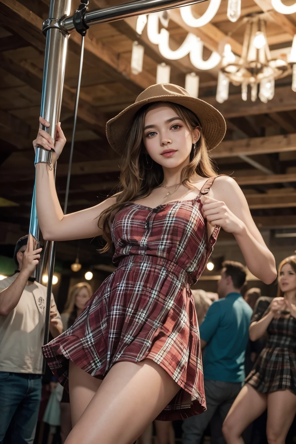 country party with men in plaid clothes and a man in a dress dancing pole dance in the center