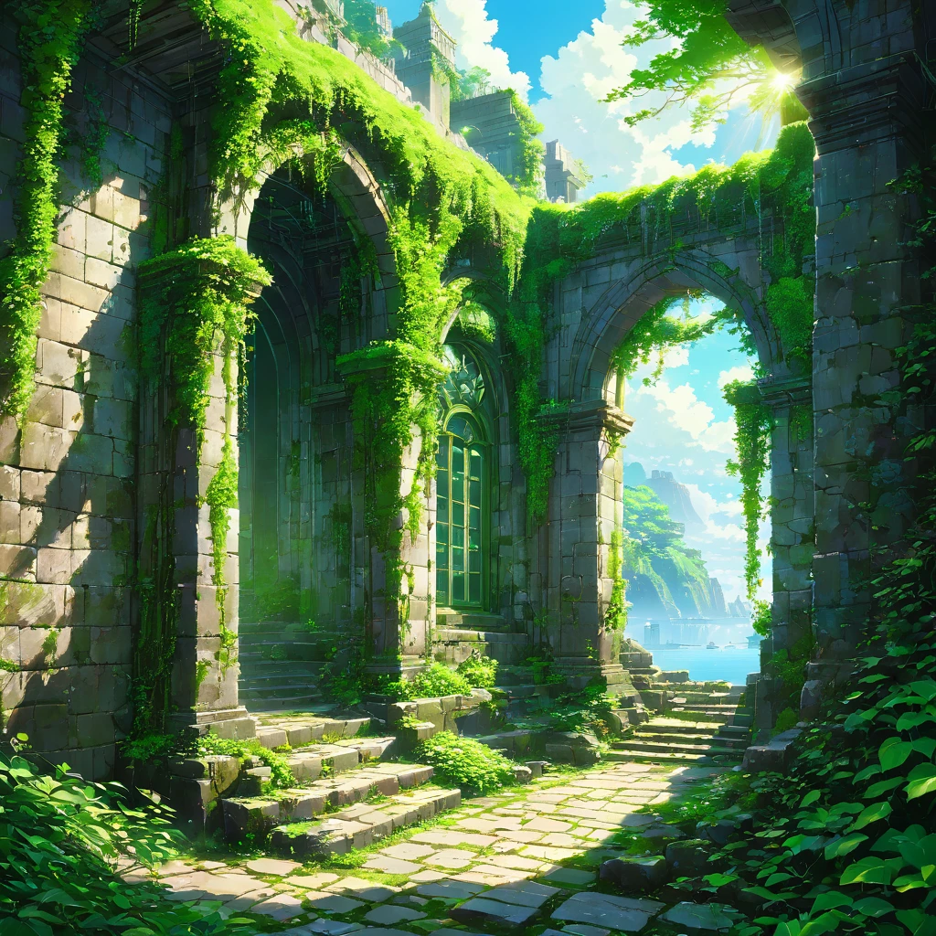 moss, green, Ancient, City, Remains, ruins, Cobblestones, building, wall, window, ivy, wood々, nature, Silence, Time stood still, history, Romance, mysterious, Fantasy, beautiful, Decayed, weathered, green青, Stonework, arch, Pillar, Sculpture, civilization, past, Now, The passage of time, Nostalgia,,beautiful Anime Scenery, Landscape painting, beautifulデジタル絵画, Andreas Rocha, beautifulアートワークのイラスト, 素晴らしいwall紙, Raymond Han, 背の高いbeautiful絵画, Studio Greeble Makoto Shinkai, beautifulwall紙, Anime Scenery