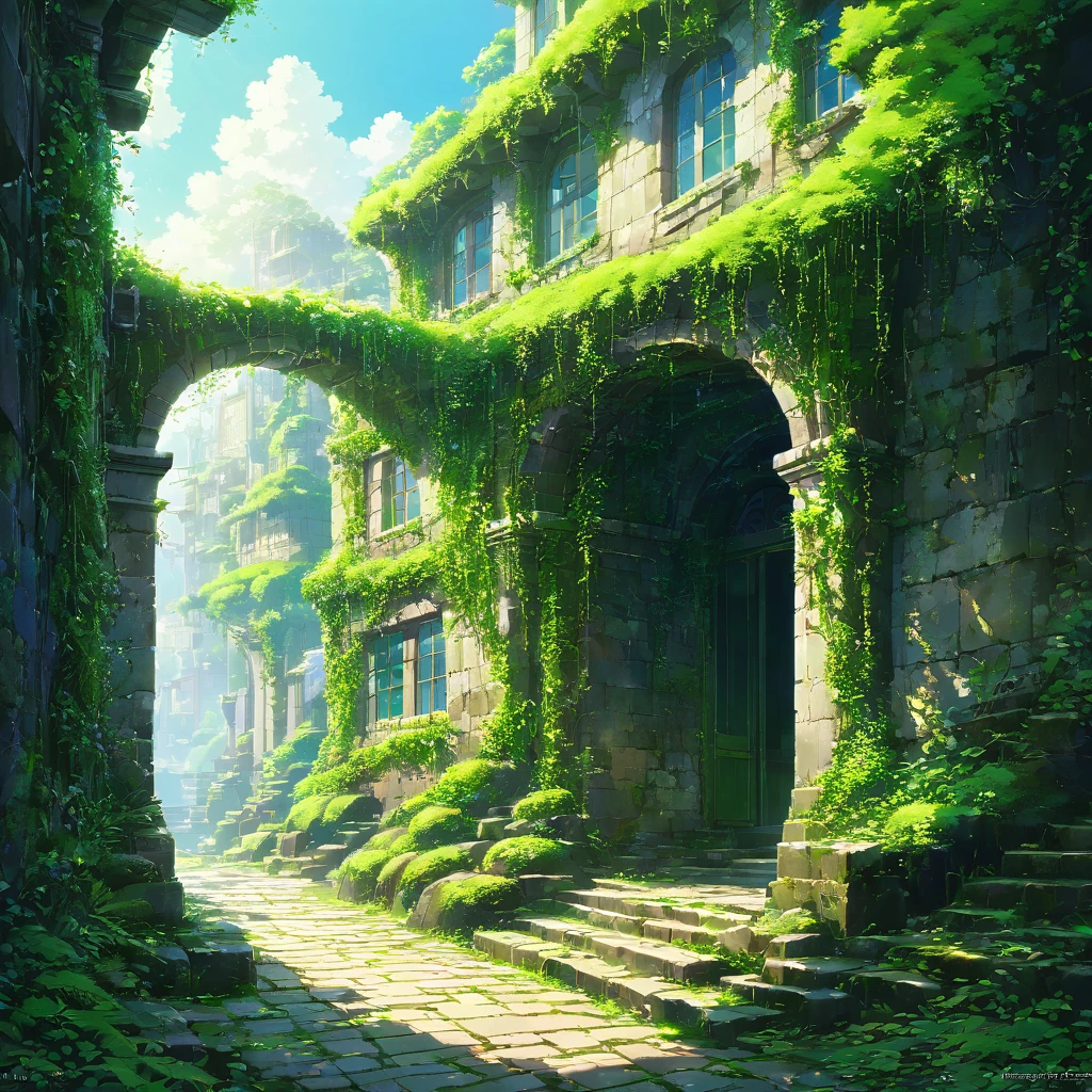 moss, green, Ancient, City, Remains, ruins, Cobblestones, building, wall, window, ivy, wood々, nature, Silence, Time stood still, history, Romance, mysterious, Fantasy, beautiful, Decayed, weathered, green青, Stonework, arch, Pillar, Sculpture, civilization, past, Now, The passage of time, Nostalgia,,beautiful Anime Scenery, Landscape painting, beautifulデジタル絵画, Andreas Rocha, beautifulアートワークのイラスト, 素晴らしいwall紙, Raymond Han, 背の高いbeautiful絵画, Studio Greeble Makoto Shinkai, beautifulwall紙, Anime Scenery