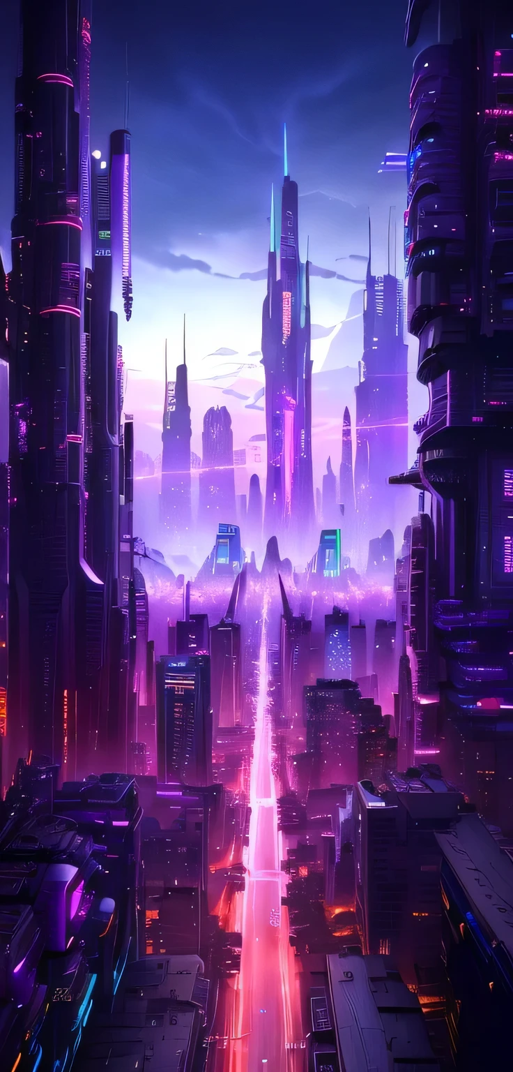 futuristic city，There are trains and buses on the tracks, purple Cyberpunk City, Cyberpunk City, in a futuristic Cyberpunk City, Cyberpunk Dream, Cyberpunk City in the distance, 超futuristic city, beautiful Cyberpunk City, futuristic Cyberpunk City, cyberpunk in a Cyberpunk City, in Cyberpunk City, purple future city, Cyberpunk City in the background, Cyberpunk Cityscape, Cyberpunk atmosphere