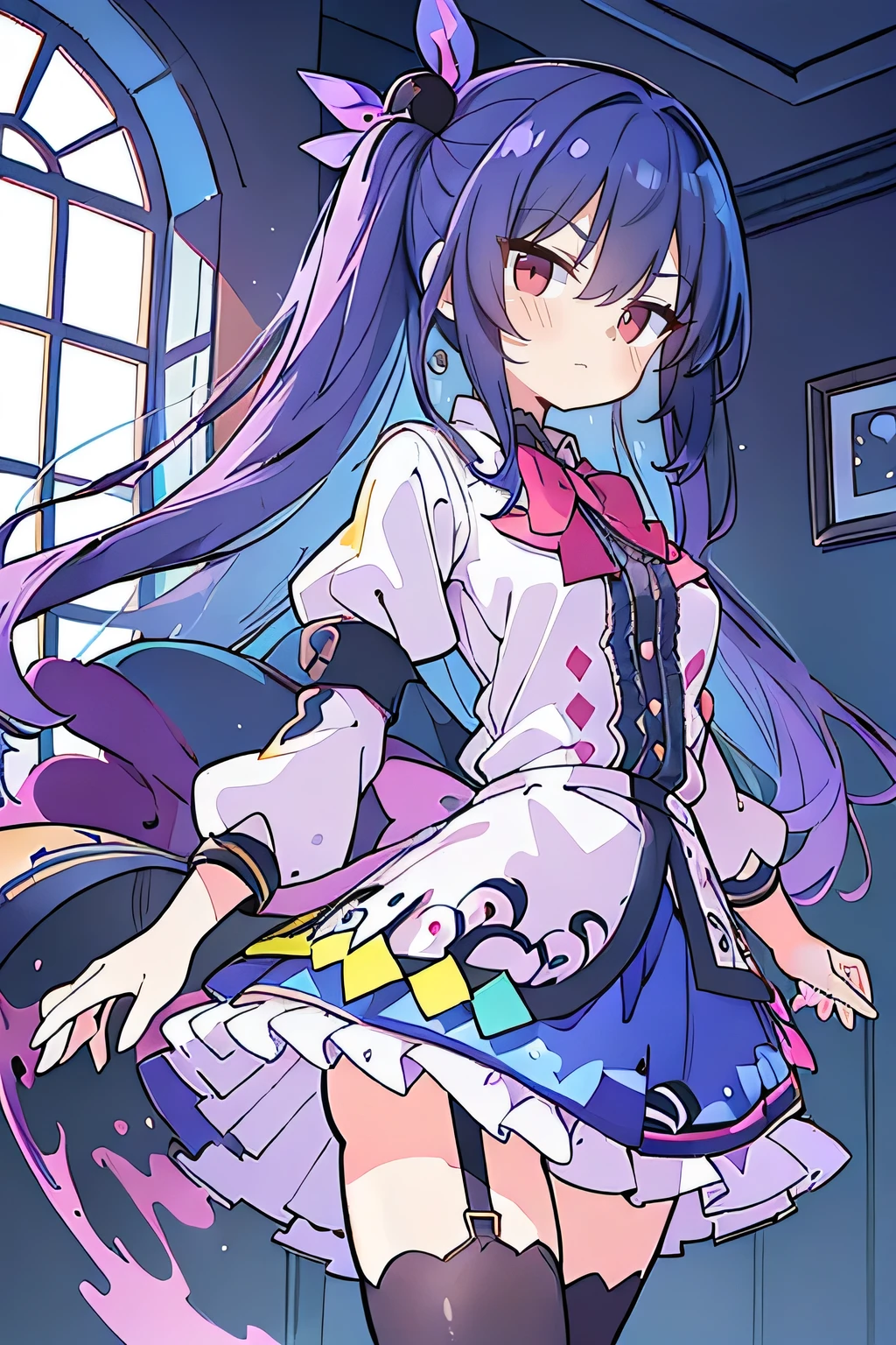 (best quality:1.3), (masterpiece:1.3), (illustration:1.3), (ultra-detailed:1.3), (imid shot:0.9), 1girl, medium breasts, purple eyes, (((dark blue hair))), hair ornaments, young, outfit-gladiia, long hair, dark blue hair, indoors, black shorts, thigh-highs, low ponytail, expressionless, upper body, close up, coat, skirt,