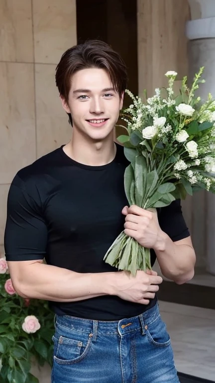 Spawn a German boy,Blue eyes,Height 180cm,Wearing a black T-shirt,jeans,Well-proportioned body,Muscular arms,It's sunny to laugh,Holding a bouquet of roses