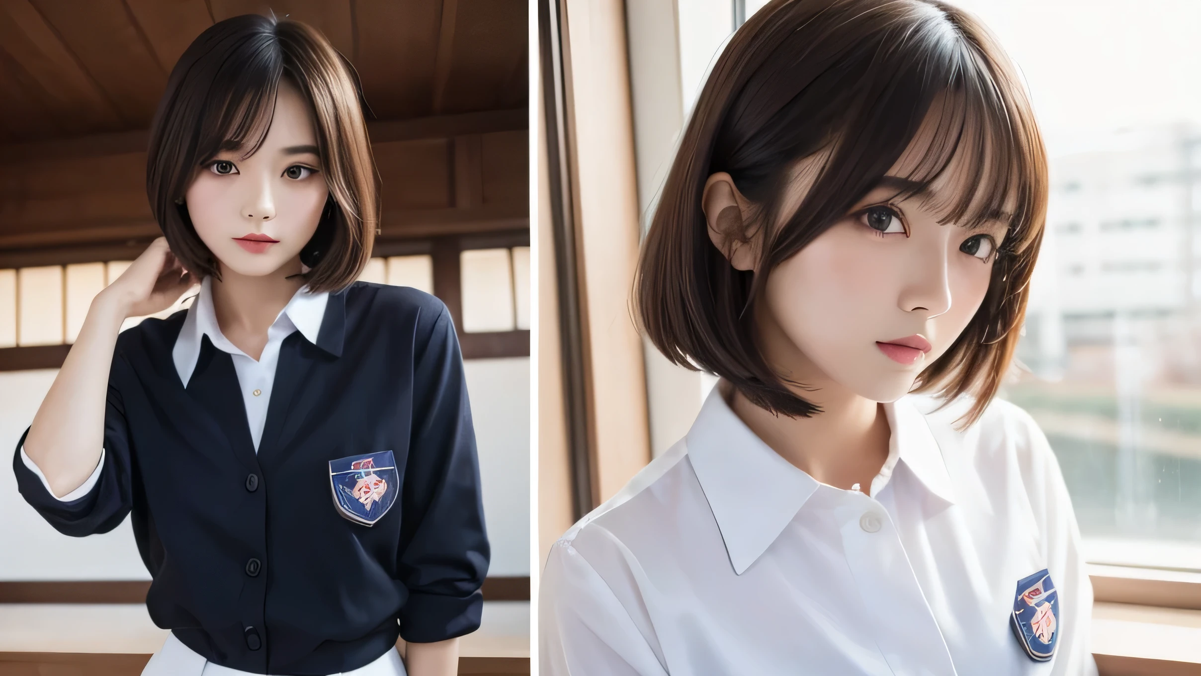 (masterpiece,highest quality,超A high resolution),Japanese women, (((Very cute 17Year old girl、Beautiful girl))), Anyas Girl、View Photographer、Front view, ((Bob Hair)), Super cute face, Glossy lips, Double eyelids on both eyes, Natural Makeup, Long eyelashes, Shiny and smooth light brown long bob hair,(Full body image), Perfect limbs, Perfect Anatomy,(((School uniform)))