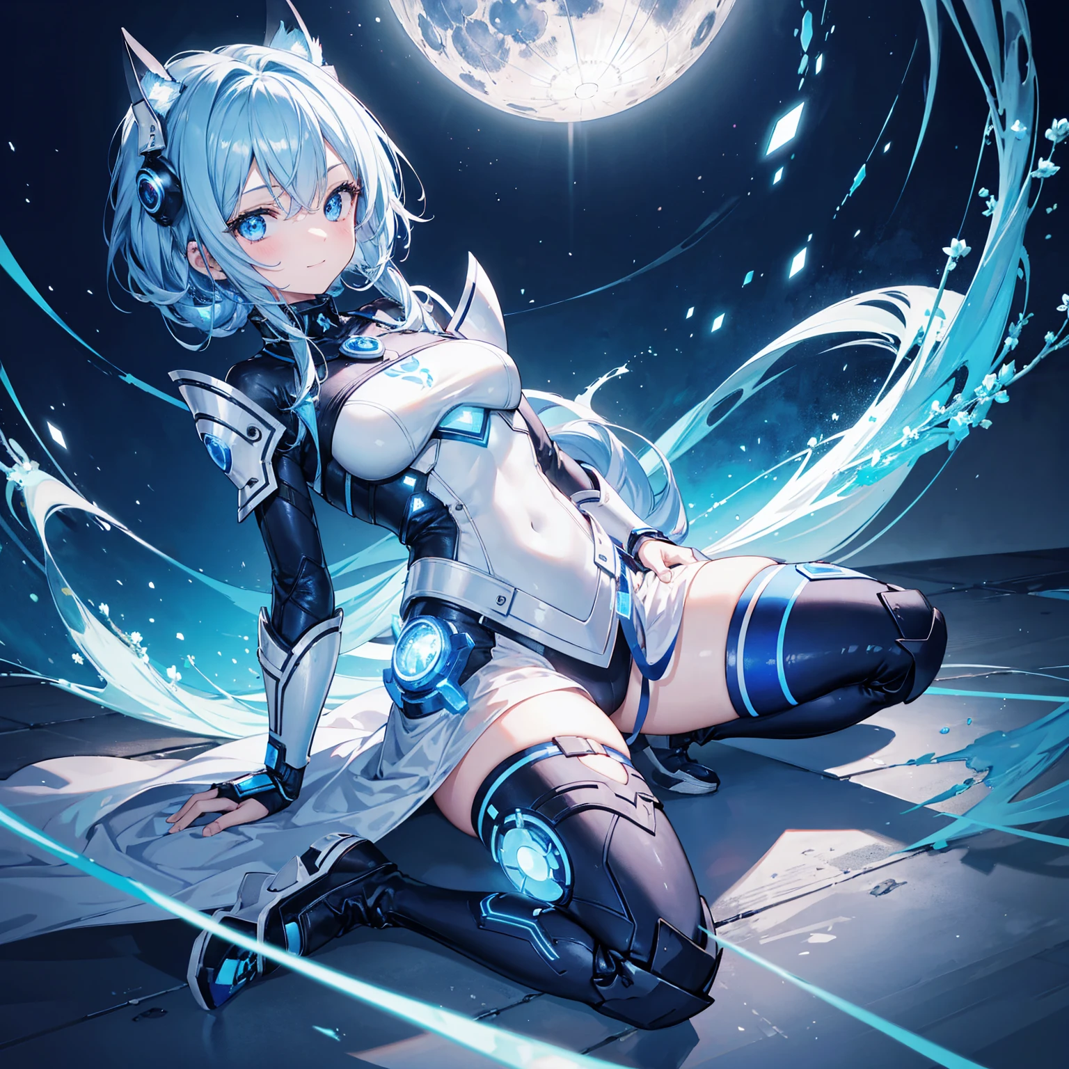 8k, highest quality, (real:1.4), Original photo, 1 girl, Asari Hair, Biological Amplifier, refined armor, posture: Peace talks between warring factions,,Attention Clever Blue Eyes,A modest smile、Knee-high boots、Blue big moon and blue light swirl in the background、Blue light from behind、blue light magic,A small, glowing blue ball in the palm of your hand