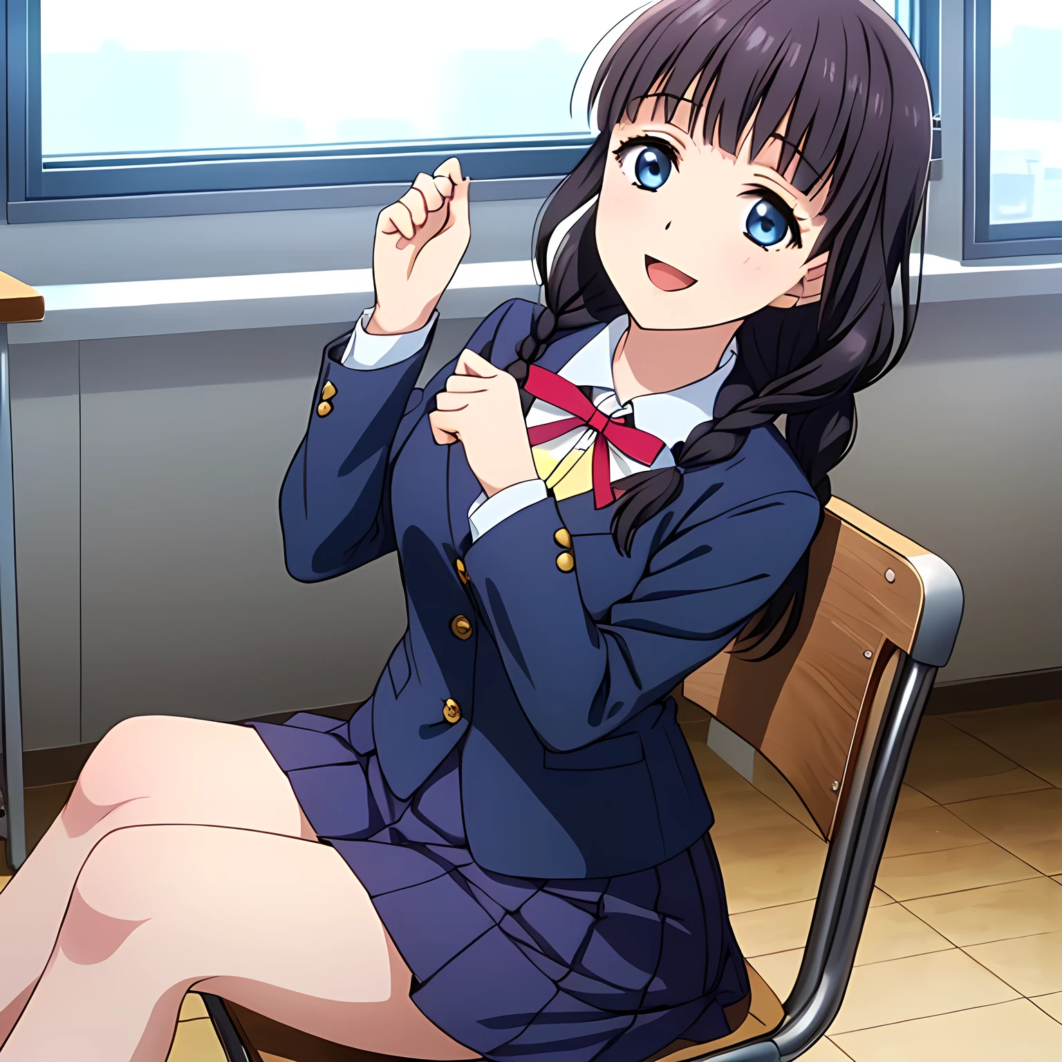 (highest quality, masterpiece:1.2), highest quality, High resolution, 1080p, 8K, Height: 158cm, Anime-style CG, ((A beautiful girl game heroine sits on a chair in a school classroom and places her hands on the desk、Looking up at the viewer next to him with a smile)), A face that everyone loves, Glossy lips, Even bangs, Double, Long eyelashes on both the top and bottom, Smiling blue eyes, The very large red shiny wide ribbon bowtie is very cute., ((Black Hair)), ((long twin braids)), (((A long, neat, dark navy blue pleated skirt with a check pattern))), (((Dark blue winter long sleeve blazer))), How to wear a neat uniform, Smiling, slightly open mouth like a game heroine, Ribbon in hair, Tight waist, The ribbon is big and very pretty., Side shot of the girl sitting next to me