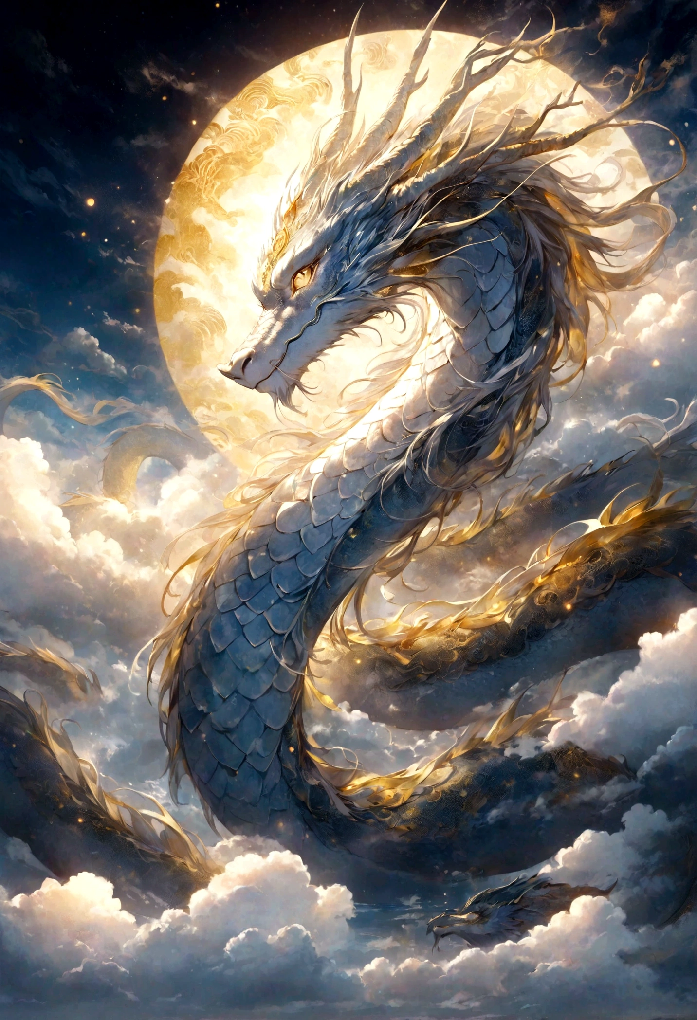 Silver dragon god, gentle gaze, fantastic background, moonlight background, sea of ​​clouds background, golden splashes, mysterious, sacred light, mythical creature, traditional Chinese dragon, mythology, speckled light, hazy haze, mysterious aura, masterpiece, fantastic and graceful dragon, good luck, fantasy art