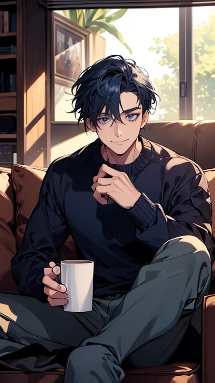 (highest quality,High resolution,masterpiece:1.2),Abstract,Masculine,Navy Blue Hair,Age 28,Dark blue eyes,sweater,cargo pants,Dark blue gaze,Calm,quiet,A kind smile,Sitting on the couch,Mug,Talking