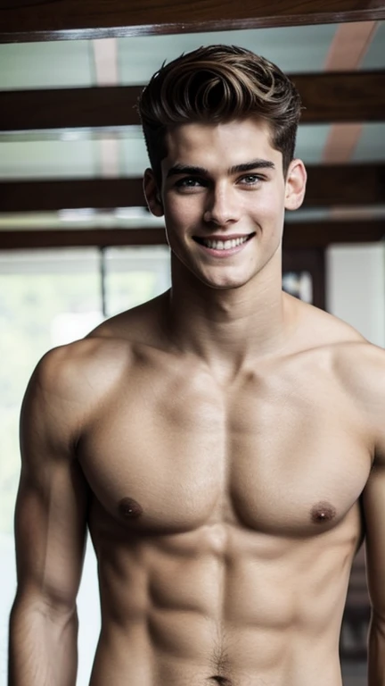 the most beautiful boy, 17 year old boy, he wears a tank top, white tank top, slim body, defined body, harmonious body, symmetrical body, attractive man, handsome man, looking at the camera, evil smile, light brown hair, he is a moodel top, greek model, pose, film grain, ultra-detailed, portrait
