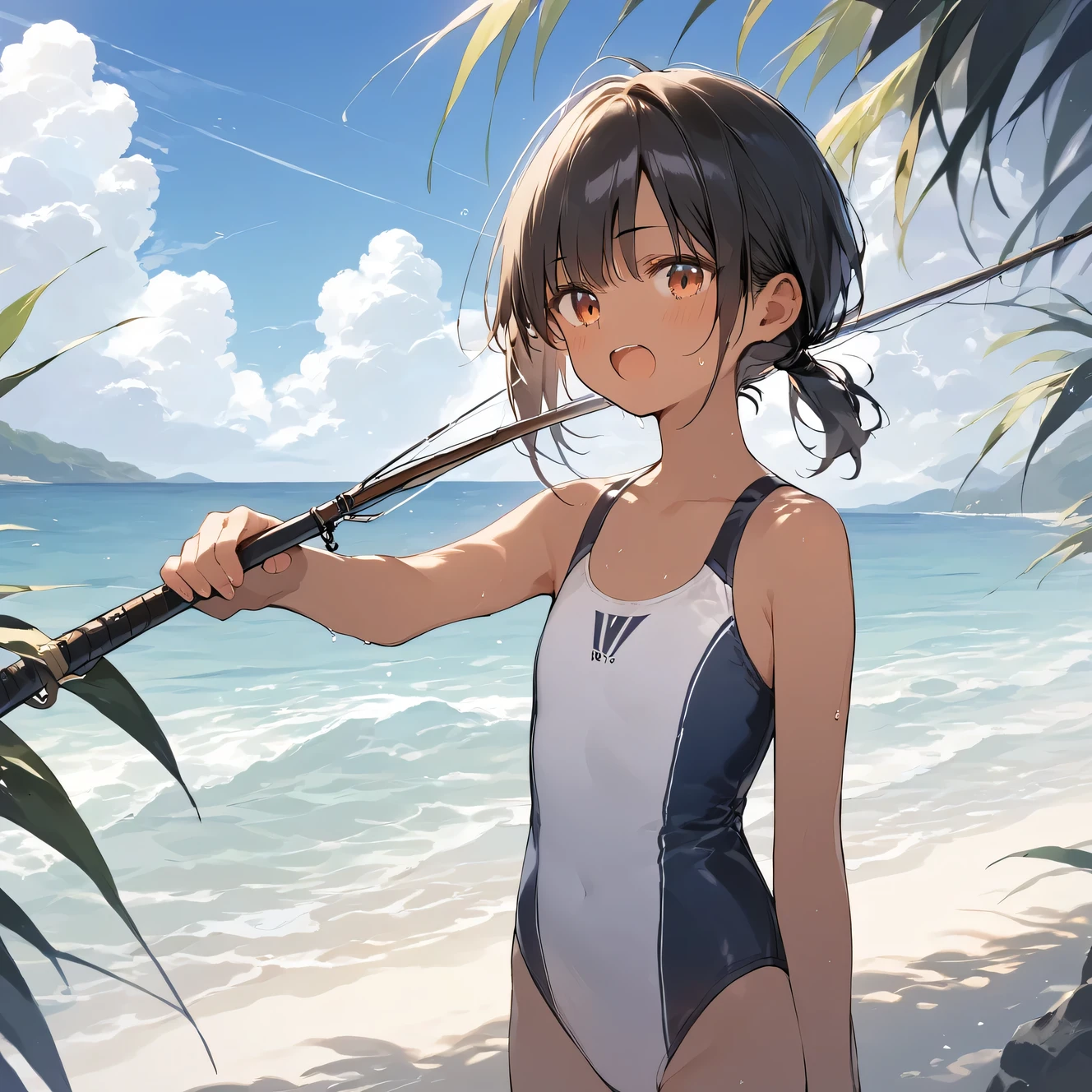 score_9, score_8_up, score_7_up, source_anime, best quality, masterpiece,official art, absurdres, highres, waifu2x,Collection: Slice of Life,break,1girl, tomboy, dark-skinned female, short hair, low ponytail, flat chest, beautiful detailed eyes, swimsuit, fishing rod , sweat, open mouth, (yawn:0.3), sleepily, outdoors, ocean, break,(clear line illustration:1.2),very high resolution, very aesthetic, super detailed skin, Best sexual lighting powered by famous artist, 8k,cute picture,beauty illustration,photoshop_(medium),,(Detailed Lighting)