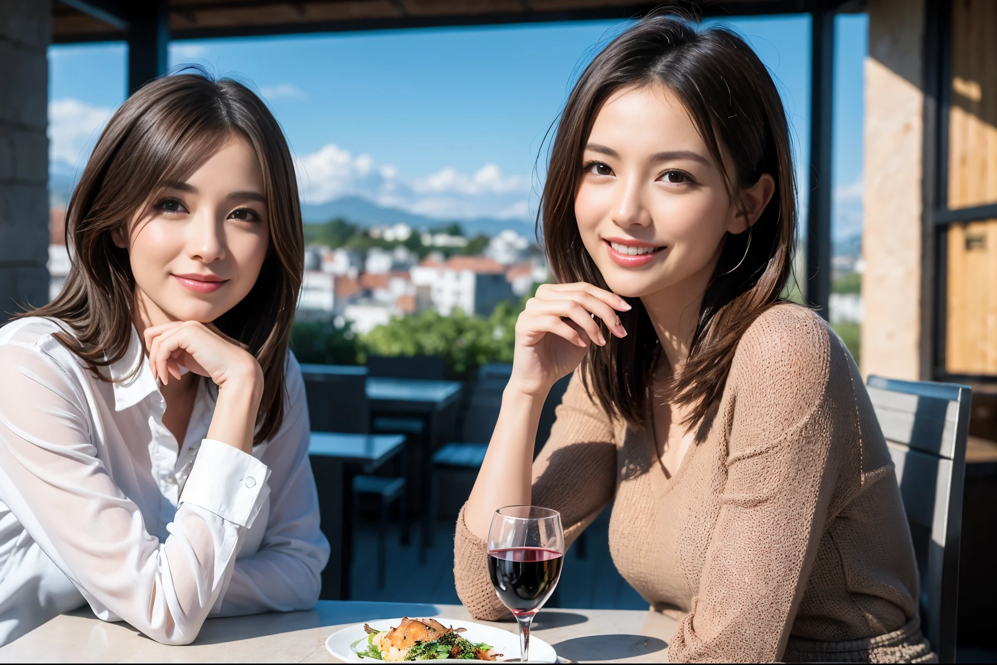 ((highest quality、8k、masterpiece:1.3))、1 male 1 female、石原さとみ似美女Couple、lover、Couple、The body is slim、full-course dinner、テーブルの上のwine glass、Put the light on your face、 Amazing view of the sunset sky and clouds、A bright smile、The wonderfulness of smile、Bright image、 short hair,Bright Face、 (Age 45), "43 years old, red wine 、Appetizers、Italian food、Wine bottle、Champagne、sparkling wine、Two beauties、Brown Hair、Shortcuts、Long sleeve shirt、dress、Pretty Woman 1, (slimな顔), (The body is slim), (Brown Hair), (Shortcuts), cheeks turn a little red,Attractive beauty、restaurant, In a prominent place (From the waist up) Nova Frog Style, actress, model, Upper Body, White wine, slim, wine glass, 中央に置かれたwine glass, smile, (smile: 1.15), Beautiful fine grain, Depth f/2,saturation, High Contrast, Strong light and shadow,Moist Body:1.5、3D texture、Delicate eyes、Brown Hair、The hair is very shiny、