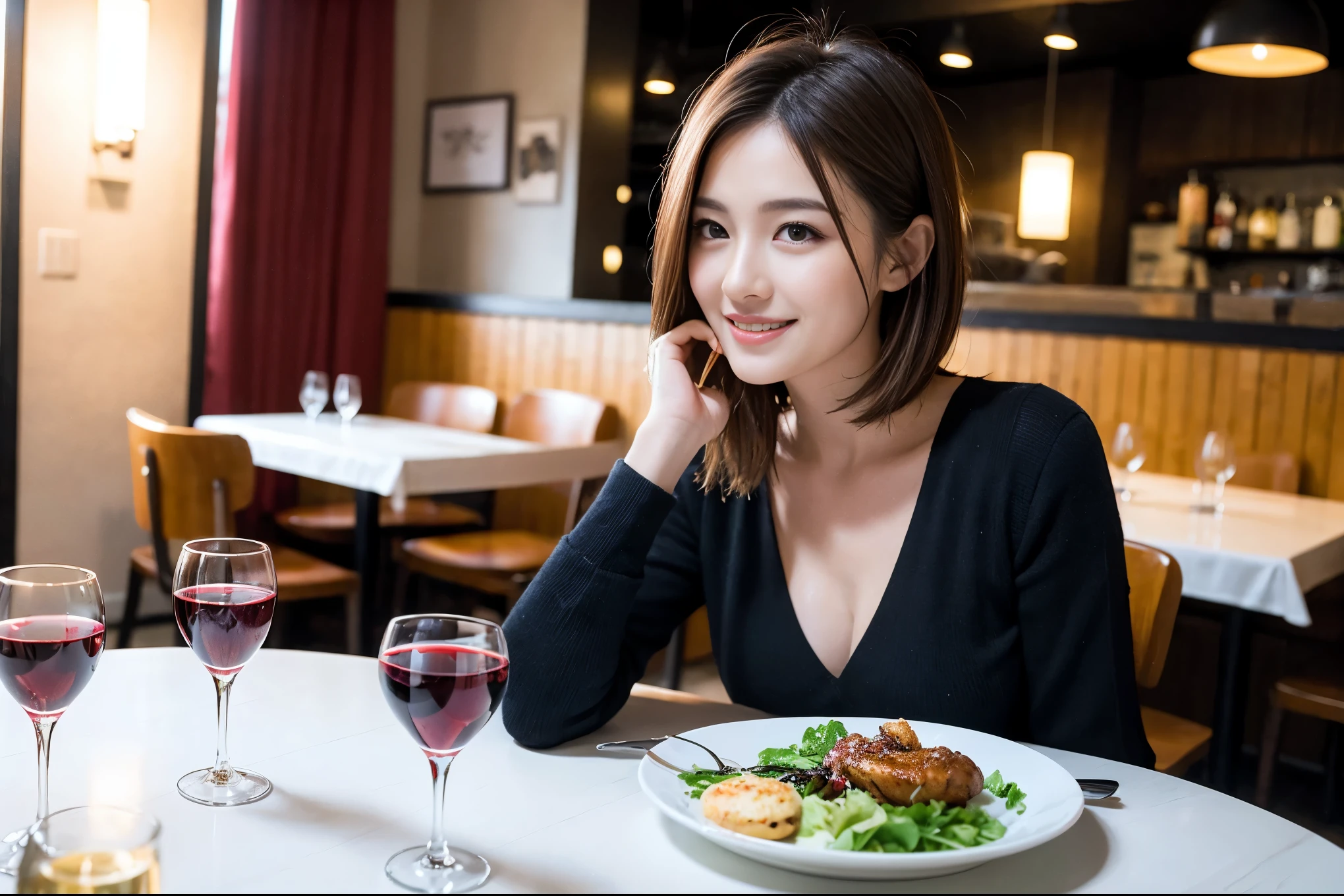((highest quality、8k、masterpiece:1.3))、1 male 1 female、石原さとみ似美女Couple、lover、Couple、The body is slim、full-course dinner、テーブルの上のwine glass、Put the light on your face、 Amazing view of the sunset sky and clouds、A bright smile、The wonderfulness of smile、Bright image、 short hair,Bright Face、 (Age 45), "43 years old, red wine 、Appetizers、Italian food、Wine bottle、Champagne、sparkling wine、Two beauties、Brown Hair、Shortcuts、Long sleeve shirt、dress、Pretty Woman 1, (slimな顔), (The body is slim), (Brown Hair), (Shortcuts), cheeks turn a little red,Attractive beauty、restaurant, In a prominent place (From the waist up) Nova Frog Style, actress, model, Upper Body, White wine, slim, wine glass, 中央に置かれたwine glass, smile, (smile: 1.15), Beautiful fine grain, Depth f/2,saturation, High Contrast, Strong light and shadow,Moist Body:1.5、3D texture、Delicate eyes、Brown Hair、The hair is very shiny、