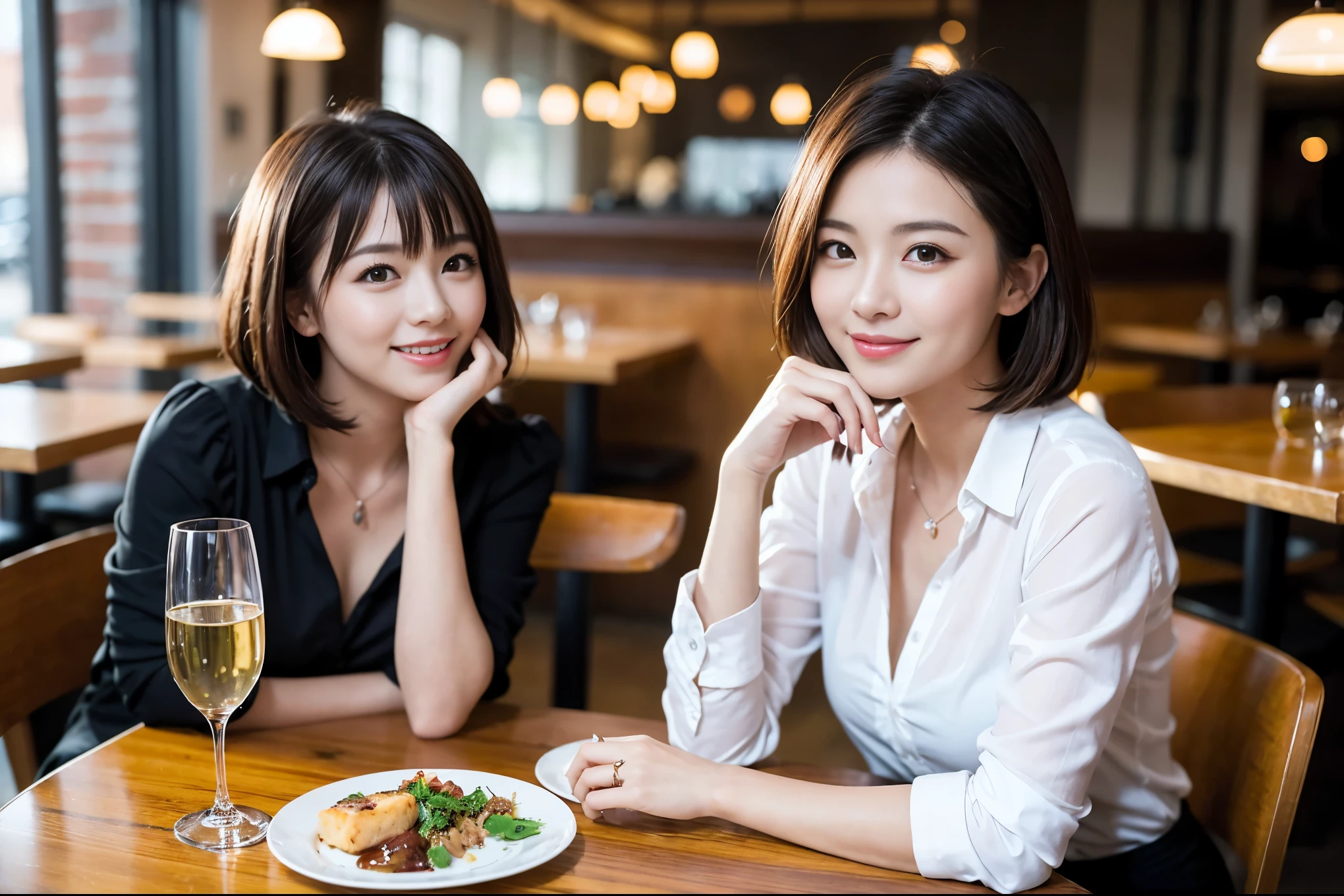 ((highest quality、8k、masterpiece:1.3))、1 male 1 female、石原さとみ似美女Couple、lover、Couple、The body is slim、full-course dinner、テーブルの上のwine glass、Put the light on your face、 Amazing view of the sunset sky and clouds、A bright smile、The wonderfulness of smile、Bright image、 short hair,Bright Face、 (Age 45), "43 years old, red wine 、Appetizers、Italian food、Wine bottle、Champagne、sparkling wine、Two beauties、Brown Hair、Shortcuts、Long sleeve shirt、dress、Pretty Woman 1, (slimな顔), (The body is slim), (Brown Hair), (Shortcuts), cheeks turn a little red,Attractive beauty、restaurant, In a prominent place (From the waist up) Nova Frog Style, actress, model, Upper Body, White wine, slim, wine glass, 中央に置かれたwine glass, smile, (smile: 1.15), Beautiful fine grain, Depth f/2,saturation, High Contrast, Strong light and shadow,Moist Body:1.5、3D texture、Delicate eyes、Brown Hair、The hair is very shiny、