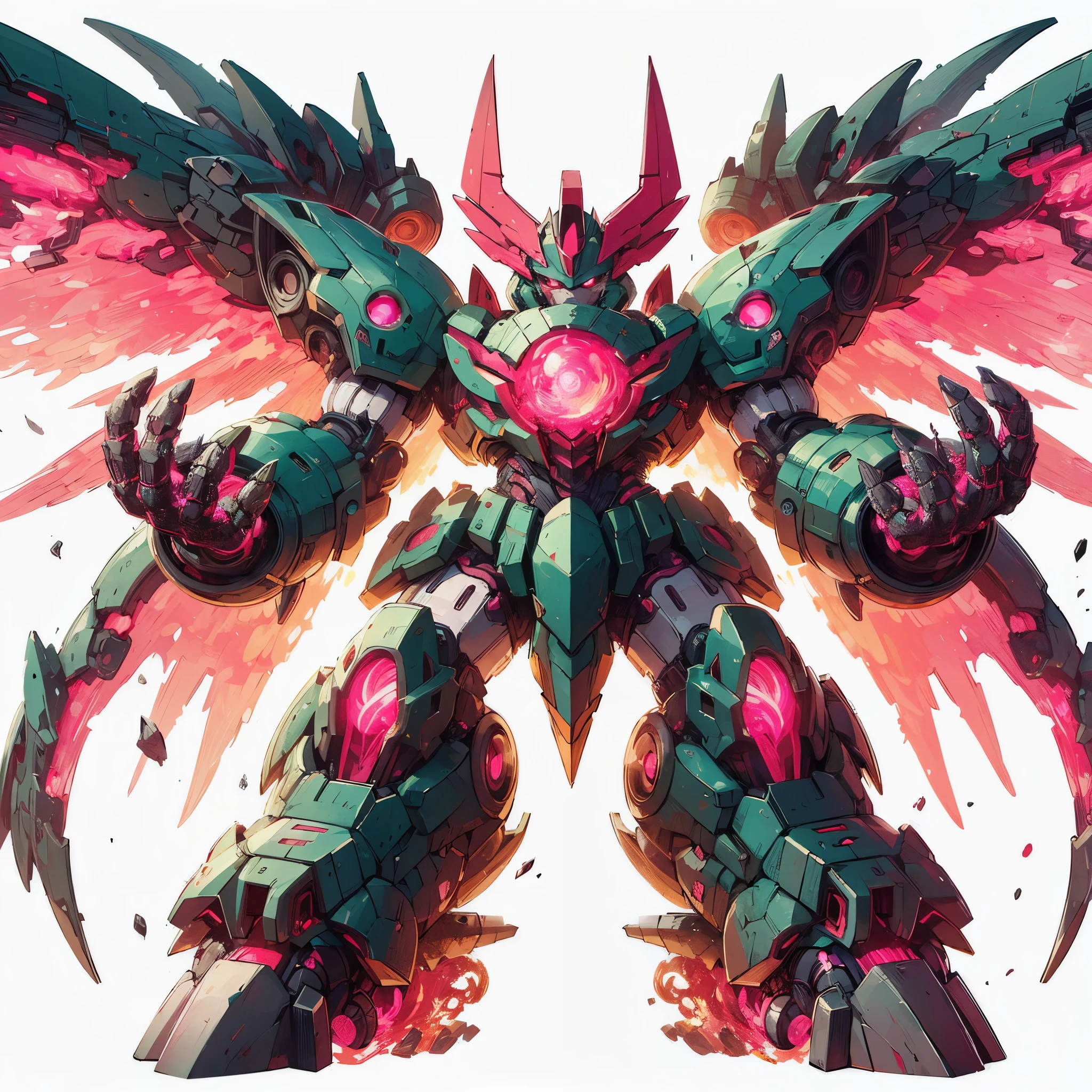 (masterpiece, best quality), ultra detailed, POKEMON like illustration style, full body, solo, cute SD robot, flying in GOD machinery colossus, wings outspread with pink flames, huge arms and massive legs, ((surrounded by pink flames)) sea green armor, that sheds molten iron like blood, fanged maw, crowned with a crown of fire, very massive, Super Robot Wars, non-human silhouette, red line, red eyes, digital painting, 8K high resolution, white background, whole body,
