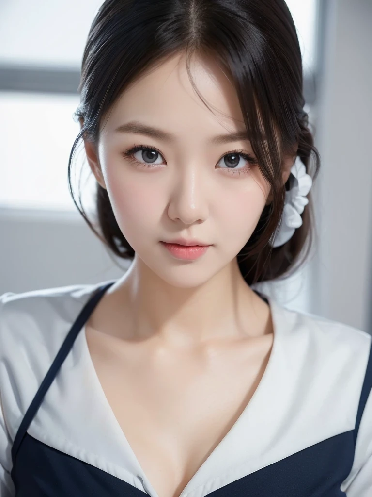 stewardess、Navy blue flight attendant、White Room、((masterpiece)), ((highest quality)), (Very detailed), ((Very detailed)), 4K, (8k), highest quality, alone,Kind Face、Soft Light、Heel