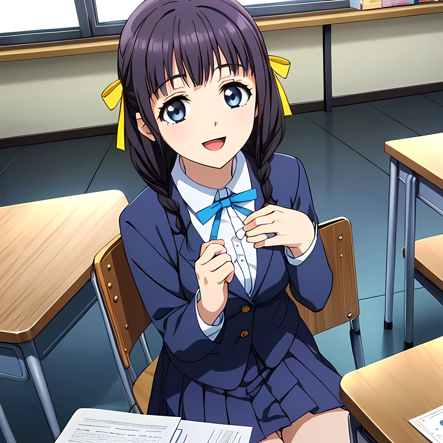 (highest quality, masterpiece:1.2), highest quality, High resolution, 1080p, 8K, Height: 158cm, Anime-style CG, ((A beautiful girl game heroine sits on a chair in a school classroom and places her hands on the desk、Looking up at the viewer next to him with a smile)), A face that everyone loves, Glossy lips, Even bangs, Double, Long eyelashes on both the top and bottom, Smiling blue eyes, The very large red shiny wide ribbon bowtie is very cute., ((Black Hair)), ((long twin braids)), (((A long, neat, dark navy blue pleated skirt with a check pattern))), (((Dark blue winter long sleeve blazer))), How to wear a neat uniform, Smiling, slightly open mouth like a game heroine, Ribbon in hair, Tight waist, The ribbon is big and very pretty., Side shot of the girl sitting next to me