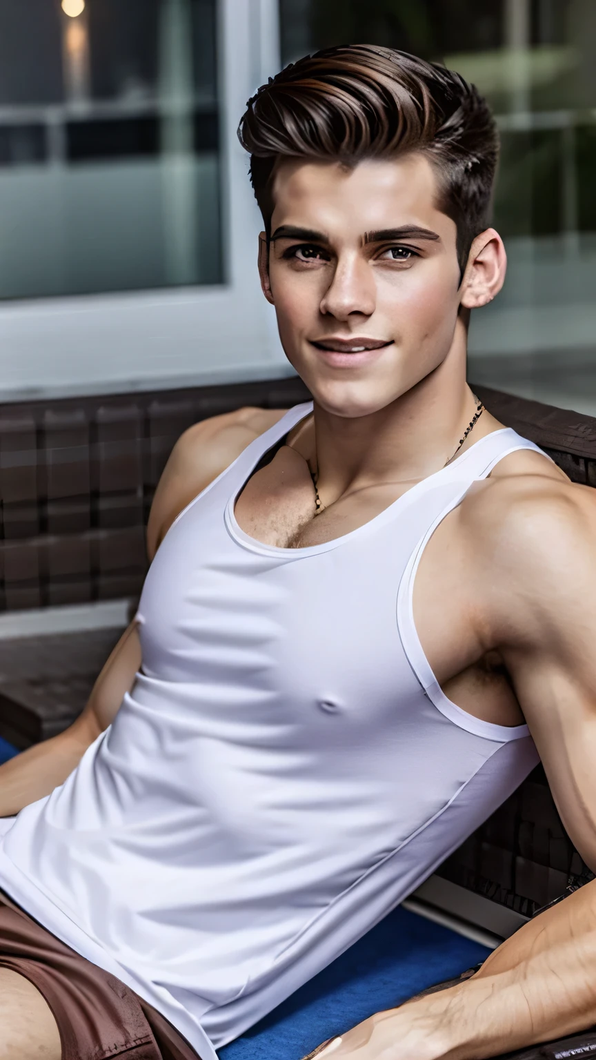 the most beautiful boy, 17 year old boy, he wears a tank top, white tank top, slim body, defined body, harmonious body, symmetrical body, attractive man, handsome man, looking at the camera, evil smile, light brown hair, he is a moodel top, greek model, pose, film grain, ultra-detailed, portrait