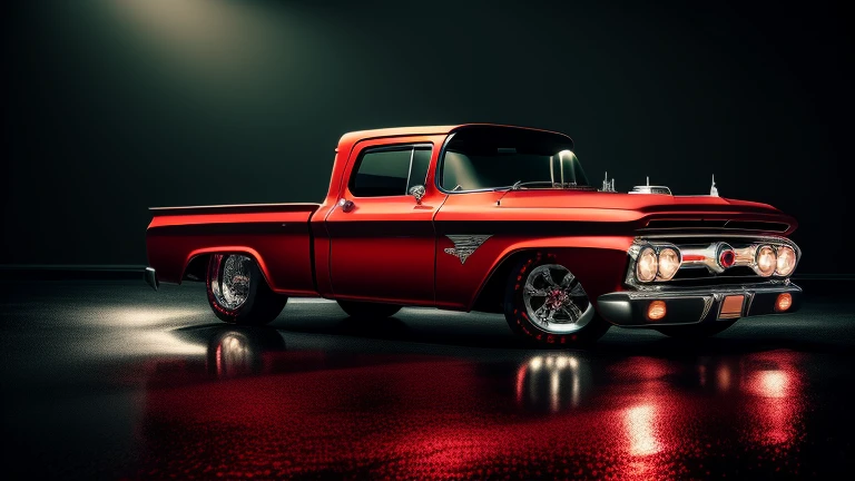 1960s Pickup Truck, Front view, red,Futuristic car, mystery, Spectacular Scene, Fantasy Car, Classic Cars, Very detailed, Realistic, Super detailed, 8k, masterpiece, highest quality, Awards, Dramatic lighting, Cinematic, Gloomy atmosphere, Chiaroscuro, Dynamic configuration, Intricate details, shining chrome, shiny paint, Seamless Integration, Incredible realism