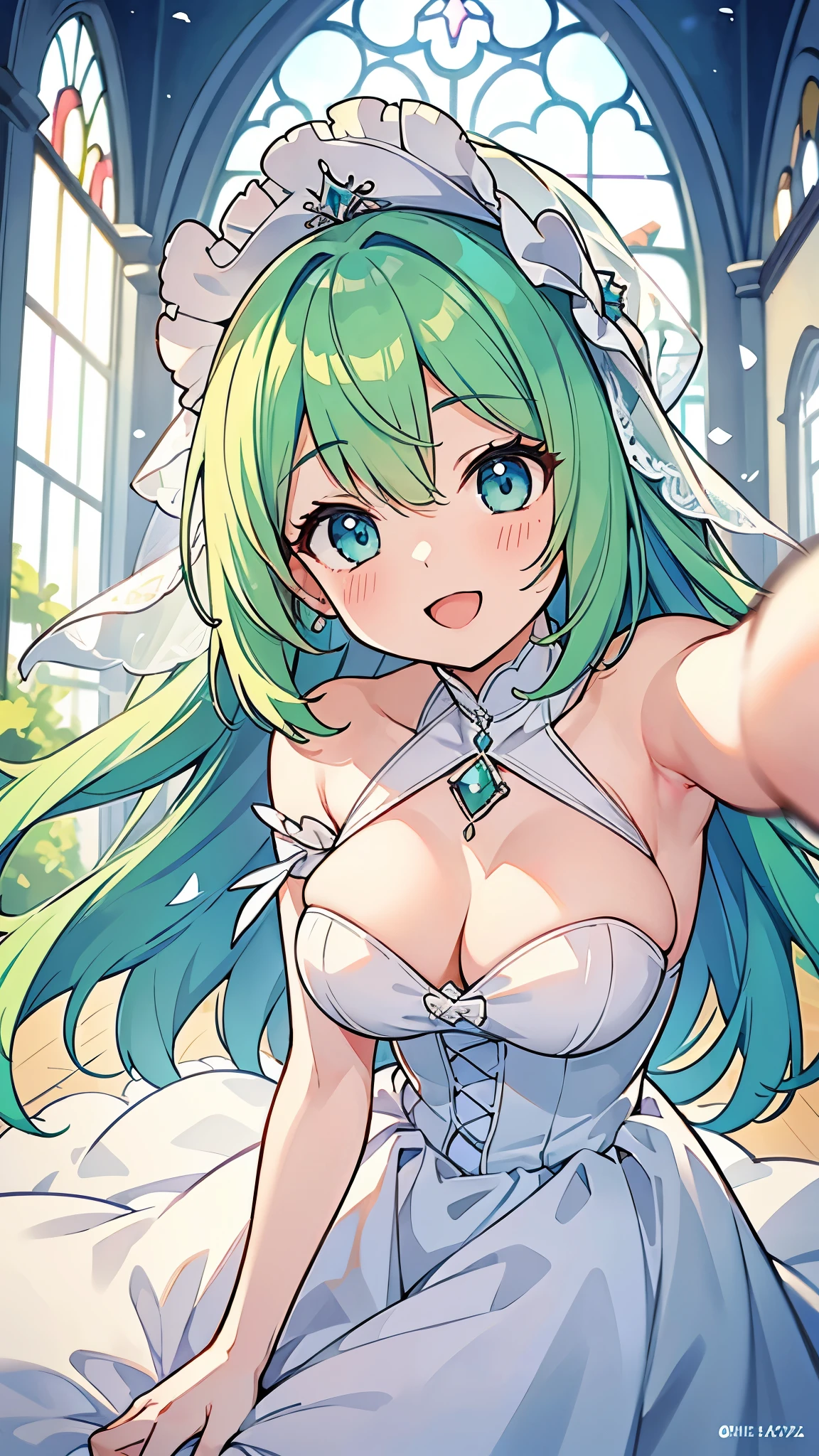 ((A Pretty girl with green hair and blue eyes)), ((wearing the white wedding dress)), Reaching out to the viewer, , ((top-quality, master piece, ultra-definition, high resolution)), anime girl, ((ultra-detailed illust:1.2)), only one person, bangs, hair between eye, beautiful hair, Beautiful eyes, Shiny eyes, medium breast, Big smile, opened mouth, in the church