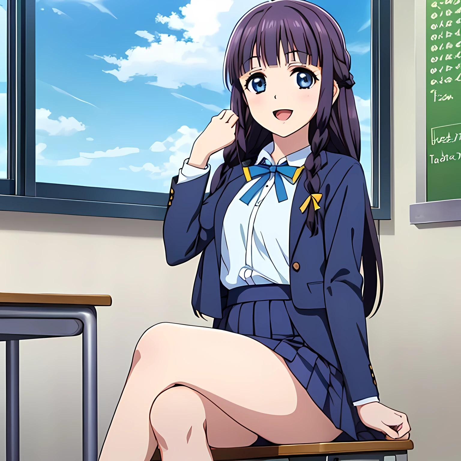 (highest quality, masterpiece:1.2), highest quality, High resolution, 1080p, 8K, Height: 158cm, Anime-style CG, ((A beautiful girl game heroine sits on a chair in a school classroom and places her hands on the desk、Looking up at the viewer next to him with a smile)), A face that everyone loves, Glossy lips, Even bangs, Double, Long eyelashes on both the top and bottom, Smiling blue eyes, The very large red shiny wide ribbon bowtie is very cute., ((Black Hair)), ((long twin braids)), (((A long, neat, dark navy blue pleated skirt with a check pattern))), (((Dark blue winter long sleeve blazer))), How to wear a neat uniform, Smiling, slightly open mouth like a game heroine, Ribbon in hair, Tight waist, The ribbon is big and very pretty., Side shot of the girl sitting next to me