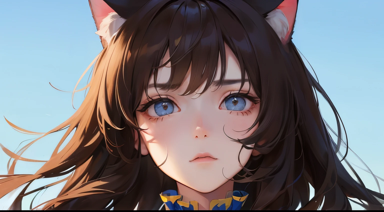 (((Looking up)))、(((Cat ear)))、((1 person)),Masterpiece,best quality, ((Cat costume))), ,((Troubled face))、((Blue sky background))、((Expressionless)),determined expression, Upper body diagram、 (Highest Resolution、Clear_image)、Best Quality、Light and shadow contrast、((illumination))、Very detailed、Semi-realistic、Semi-long hairstyle、Brown Hair、bangs、19 years old、 Lady,,young、((View from top))、Delicate Facial Features