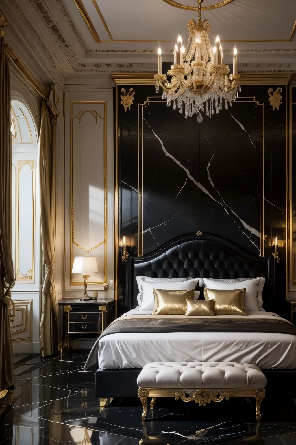 The room is big and luxurious. It has black marble walls with golden details, um teto alto e abobadado, e janelas com vista para o Reino das Trevas. A large black marble bed is in the center of the room., with rich, comfortable linens