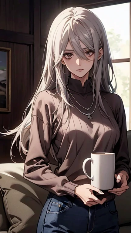 (Confused, High resolution, Very detailed), 1 female, Silver Hair,Long Hair,Reddish brown eyes,Navy Blue Shirt,skinny pants,24th generation,beauty,mature,thin,quiet,Calm,talk,sofa,Mug,Navy blue sweater,necklace