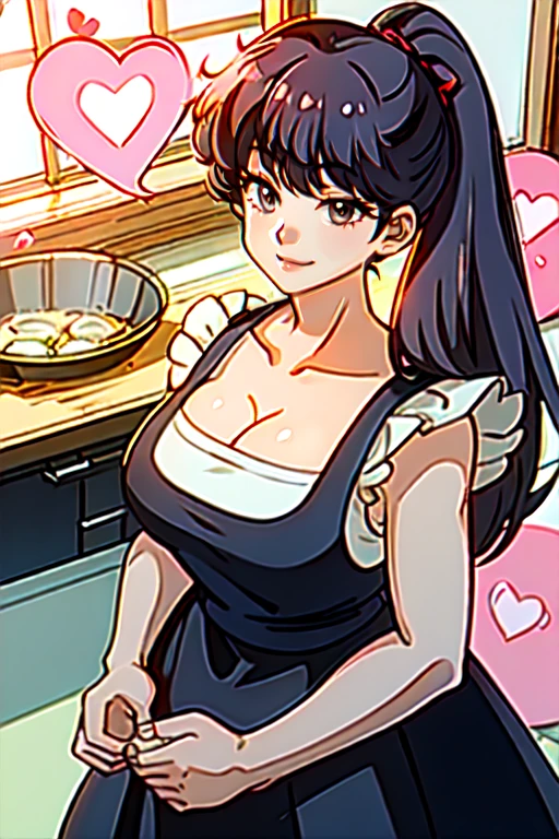 (masterpiece, best quality:1.2), solo, 1girl, kodachi kuno, large breasts,  (black hair, sidetail hair), (spoken hearts:1.2) , looking at viewer, (pink kimono:0.8), (white apron:1.2), (indoor), smile, cooking,