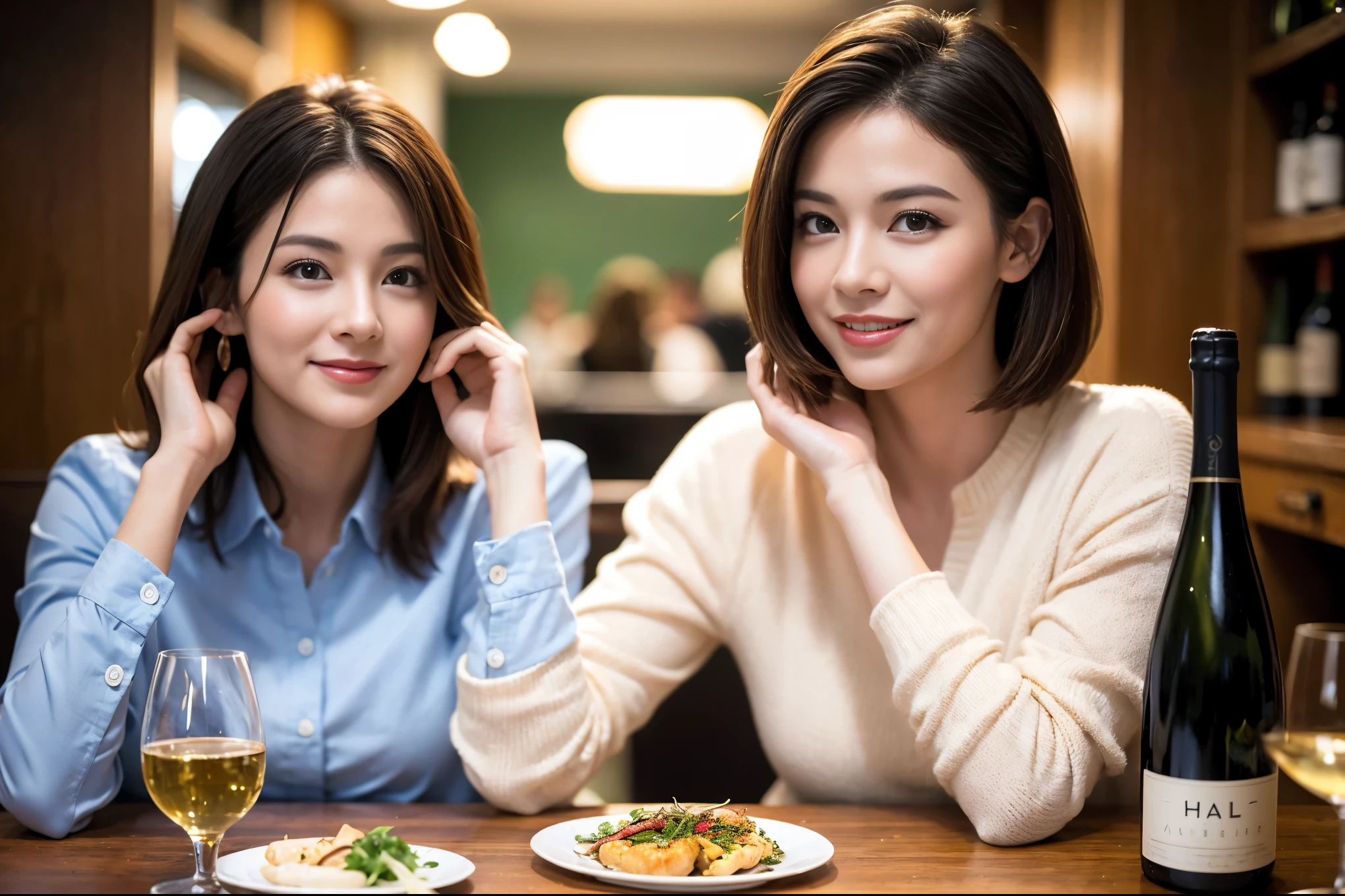 ((highest quality、8k、masterpiece:1.3))、Ray Dan lookalike beauty、1 male1 female、Couple、lover.Spouse、half、The body is slim、((Bob Hale、Straight hair:1.2)), (Realistic, Intricate details:1.2), Wine glass on the table、Shine light on your face、 Amazing view of the sunset sky and clouds、Amazing mountain views、A bright smile、The wonderfulness of smile、Bright image、The beauty of wine, Beautiful Face, blue eyes, The light shines on your face, Blushing, short hair,Bright Face、 (Age 44), 43 years old, red wine 、Appetizers、Italian food、Wine bottle、Champagne、sparkling wine、Two beauties、Brown Hair、Shortcuts、Long sleeve shirt、dress、Pretty Woman 1, (Slim face), (The body is slim), (Brown Hair), (Shortcuts), cheeks turn a little red,Attractive beauty、restaurant, In a prominent place (From the waist up) Nova Frog Style, actress, model, Upper Body, White wine, slim, wine glass, A wine glass placed in the center, smile, (smile: 1.15), Beautiful fine grain, Depth f/2,saturation, High Contrast, Strong light and shadow,Moist Body:1.5、3D texture、Delicate eyes、Brown Hair、The hair is very shiny、