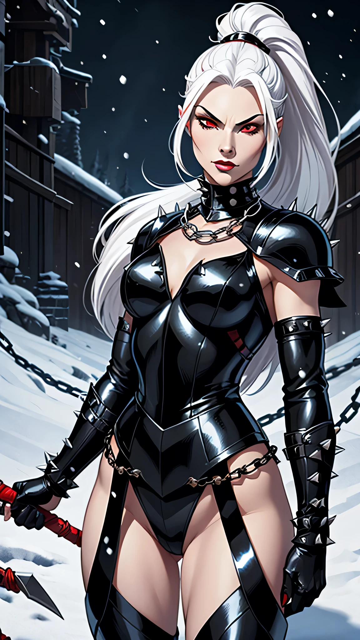 Full length girl, in black leather armor with spikes and chains. Her face and head are completely hidden by a leather mask, leaving only red eyes open. There is a small slit at the back of the mask, from which snow-white hair comes out, Collected in a ponytail. In her hands she holds a nine-tailed whip.