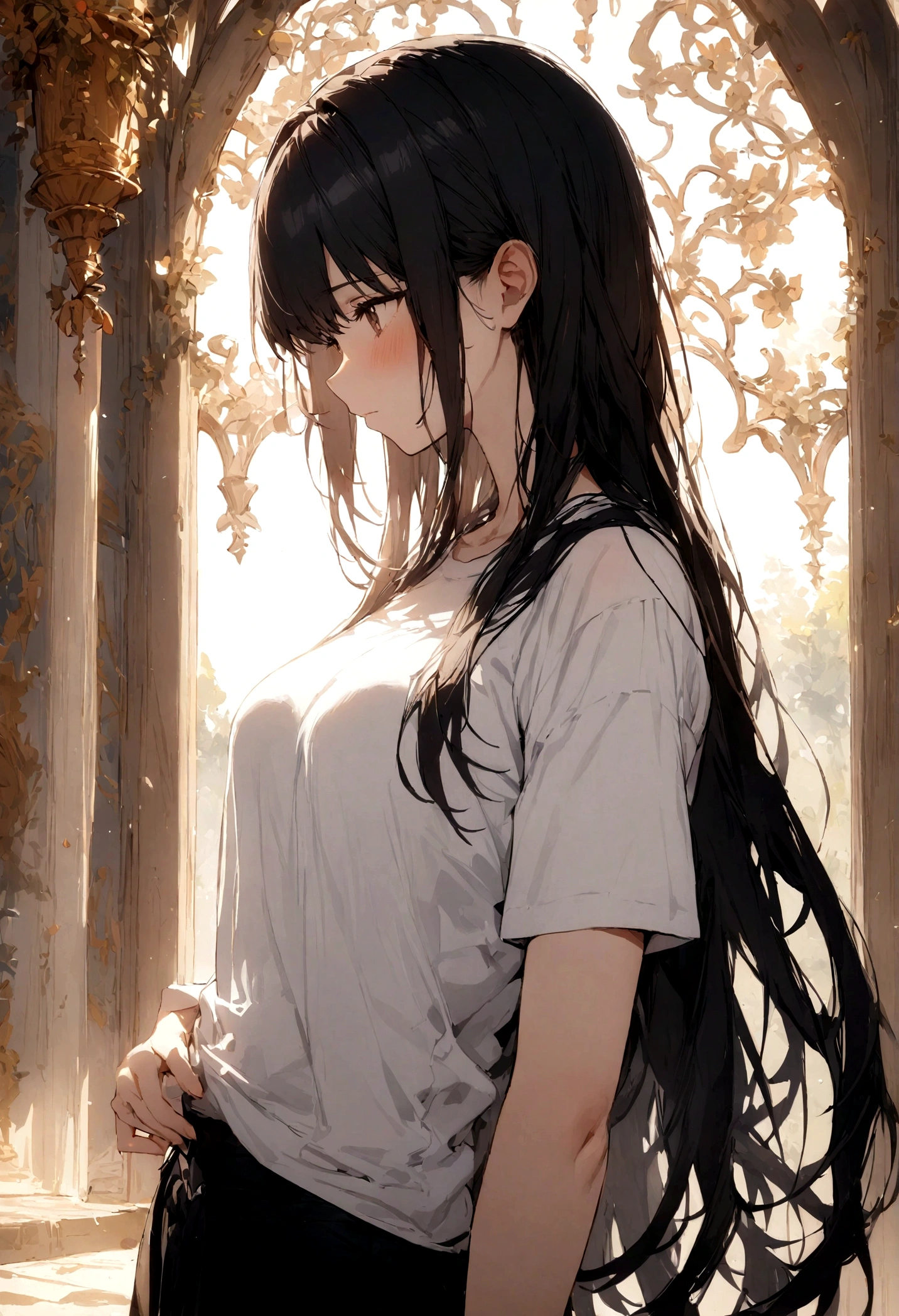 masterpiece, highest quality,One girl, Long Hair, Black Hair,Tight white t-shirt,Big ,