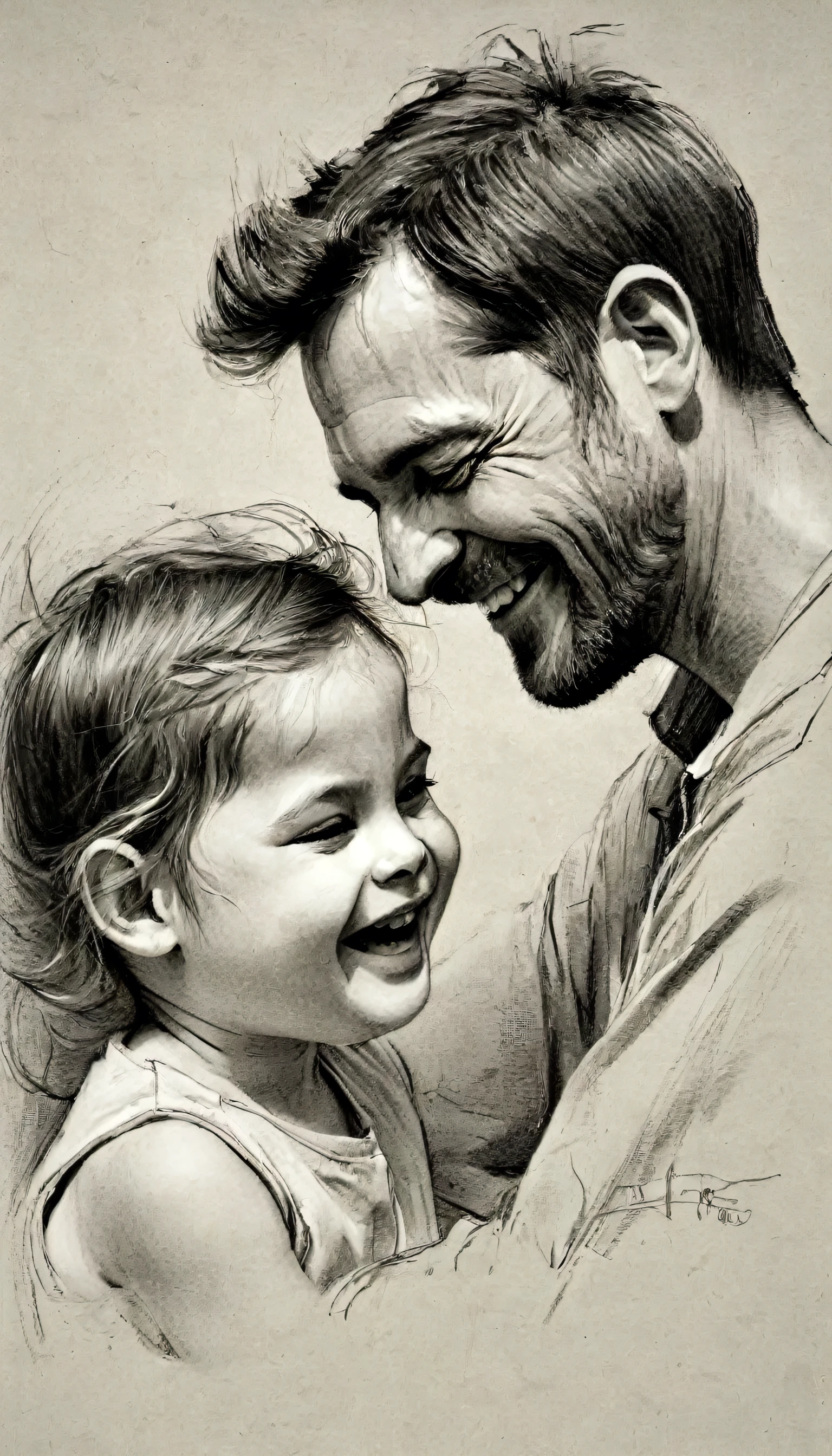 Portrait of father and child giggling graphite_charcoal, (Thick lines:1.3), Paper grain, sketch