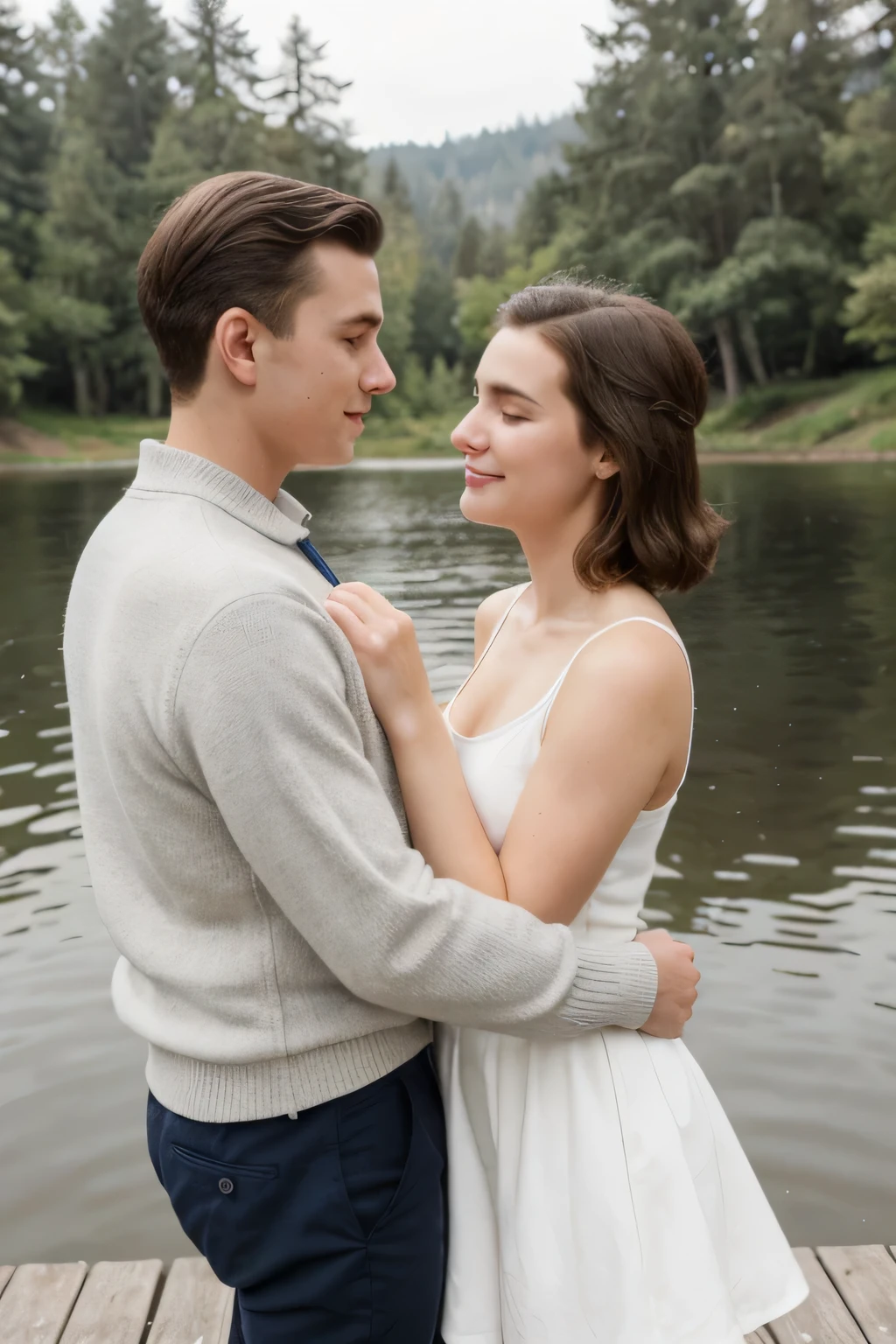 [a young caucasian male, navy and white rugby striped cardigan sweater, light gray chino pant], [ung caucasian woman, red tea party 1950s vintage audrey hepburn sleeveless spring dress for women] dancing together on surface of a lake, pacific northwest, hyperrealistic photorealistic, detailed eyes, no words, golden hour, natural lighting, intimate mood, 8k