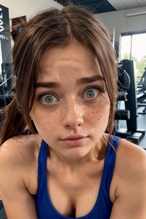 A worried looking 18yo irish girl at the gym. Cleavage. Freckles. Red hair. Close up