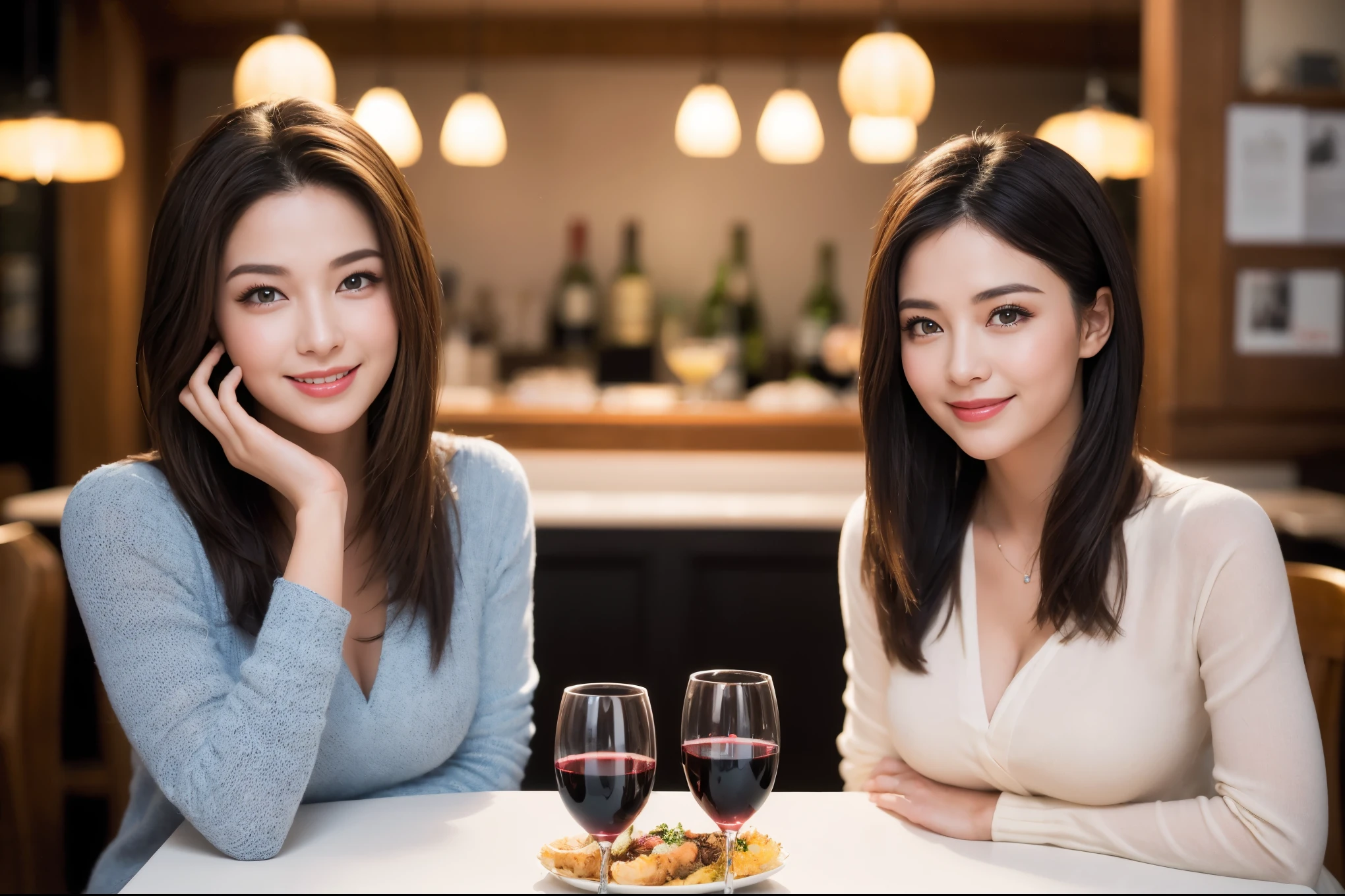 ((highest quality、8k、masterpiece:1.3))、beauty、1 male 1 female、Beautiful couple、lover、spouse、Handsome Men and Beautiful Women、Spouse、half、The body is slim、((Bob Hale、Straight hair:1.2)), (Realistic, Intricate details:1.2), full-course dinner,テーブルの上のwine glass、Shine light on your face、 Amazing view of the sunset sky and clouds、A bright smile、The wonderfulness of smile、Bright image、The beauty of wine, Beautiful Face, blue eyes, The light shines on your face, Blushing, short hair,Bright Face、 (45 years old), 39 years old, red wine 、Appetizers、Italian food、Wine bottle、Champagne、sparkling wine、Two beauties、Brown Hair、Shortcuts、Long sleeve shirt、dress、Pretty Woman 1, (slimな顔), (The body is slim), (Brown Hair), (Shortcuts), cheeks turn a little red,Attractive beauty、restaurant, In a prominent place (From the waist up) Nova Frog Style, actress, model, Upper Body, White wine, slim, wine glass, A wine glass placed in the center, smile, (smile: 1.15), Beautiful fine grain, Depth f/2,saturation, High Contrast, Strong light and shadow,Moist Body:1.5、3D texture、Delicate eyes、Brown Hair、The hair is very shiny、