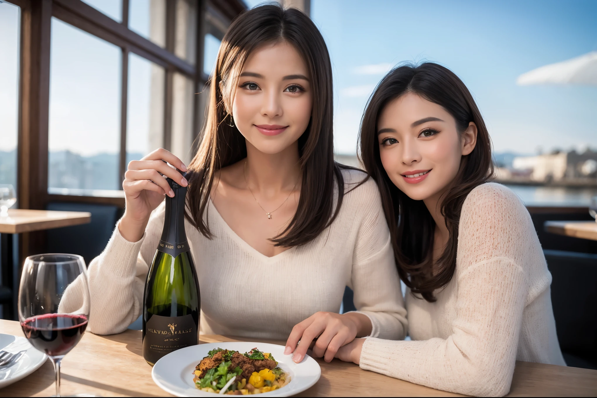 ((highest quality、8k、masterpiece:1.3))、beauty、1 male 1 female、Beautiful couple、lover、spouse、Handsome Men and Beautiful Women、Spouse、half、The body is slim、((Bob Hale、Straight hair:1.2)), (Realistic, Intricate details:1.2), full-course dinner,テーブルの上のwine glass、Shine light on your face、 Amazing view of the sunset sky and clouds、A bright smile、The wonderfulness of smile、Bright image、The beauty of wine, Beautiful Face, blue eyes, The light shines on your face, Blushing, short hair,Bright Face、 (45 years old), 39 years old, red wine 、Appetizers、Italian food、Wine bottle、Champagne、sparkling wine、Two beauties、Brown Hair、Shortcuts、Long sleeve shirt、dress、Pretty Woman 1, (slimな顔), (The body is slim), (Brown Hair), (Shortcuts), cheeks turn a little red,Attractive beauty、restaurant, In a prominent place (From the waist up) Nova Frog Style, actress, model, Upper Body, White wine, slim, wine glass, A wine glass placed in the center, smile, (smile: 1.15), Beautiful fine grain, Depth f/2,saturation, High Contrast, Strong light and shadow,Moist Body:1.5、3D texture、Delicate eyes、Brown Hair、The hair is very shiny、