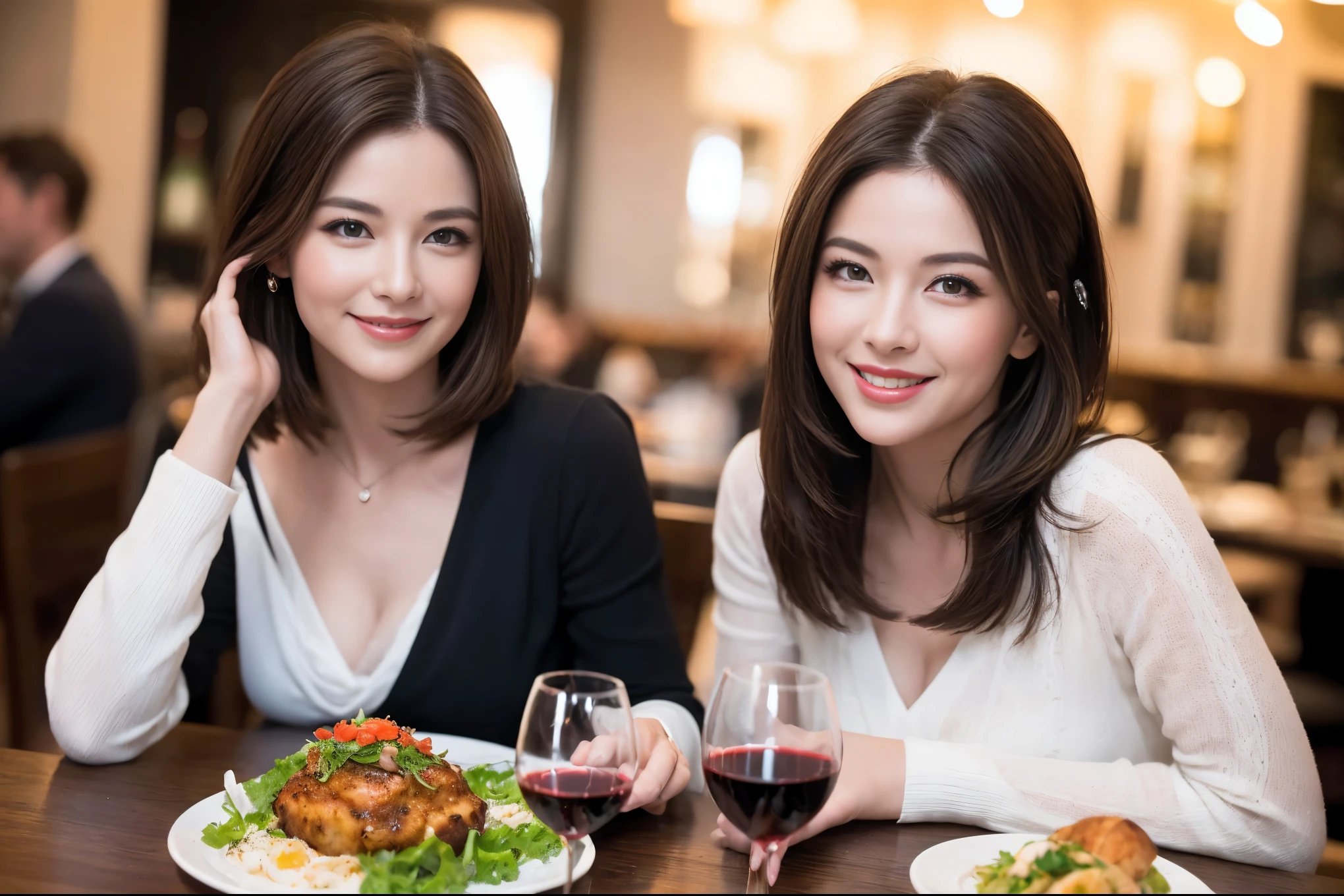 ((highest quality、8k、masterpiece:1.3))、beauty、1 male 1 female、Beautiful couple、lover、spouse、Handsome Men and Beautiful Women、Spouse、half、The body is slim、((Bob Hale、Straight hair:1.2)), (Realistic, Intricate details:1.2), full-course dinner,テーブルの上のwine glass、Shine light on your face、 Amazing view of the sunset sky and clouds、A bright smile、The wonderfulness of smile、Bright image、The beauty of wine, Beautiful Face, blue eyes, The light shines on your face, Blushing, short hair,Bright Face、 (45 years old), 39 years old, red wine 、Appetizers、Italian food、Wine bottle、Champagne、sparkling wine、Two beauties、Brown Hair、Shortcuts、Long sleeve shirt、dress、Pretty Woman 1, (slimな顔), (The body is slim), (Brown Hair), (Shortcuts), cheeks turn a little red,Attractive beauty、restaurant, In a prominent place (From the waist up) Nova Frog Style, actress, model, Upper Body, White wine, slim, wine glass, A wine glass placed in the center, smile, (smile: 1.15), Beautiful fine grain, Depth f/2,saturation, High Contrast, Strong light and shadow,Moist Body:1.5、3D texture、Delicate eyes、Brown Hair、The hair is very shiny、