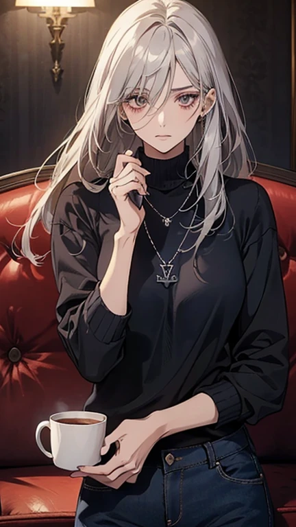 (Confused, High resolution, Very detailed), 1 female, Silver Hair,Long Hair,Reddish brown eyes,Navy Blue Shirt,skinny pants,24th generation,beauty,mature,thin,quiet,Calm,talk,sofa,Mug,Navy blue sweater,necklace
