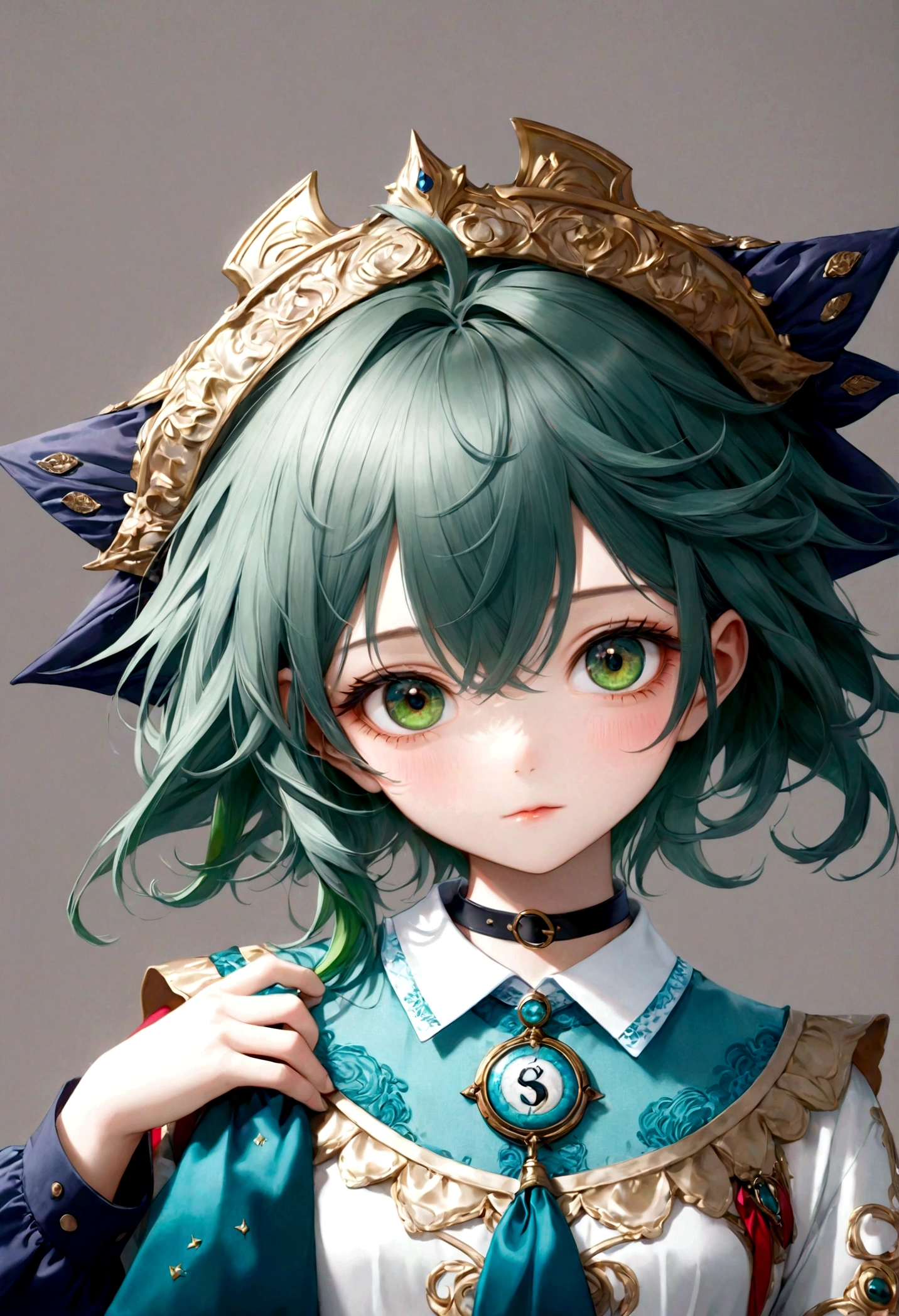 a beautiful anime girl with green hair, wearing a white shirt with a collar, detailed and realistic, highly detailed face and eyes, intricate details, photorealistic, 8k, masterpiece, vivid colors, dramatic lighting, cinematic composition, fantasy, elegant, graceful, peaceful expression