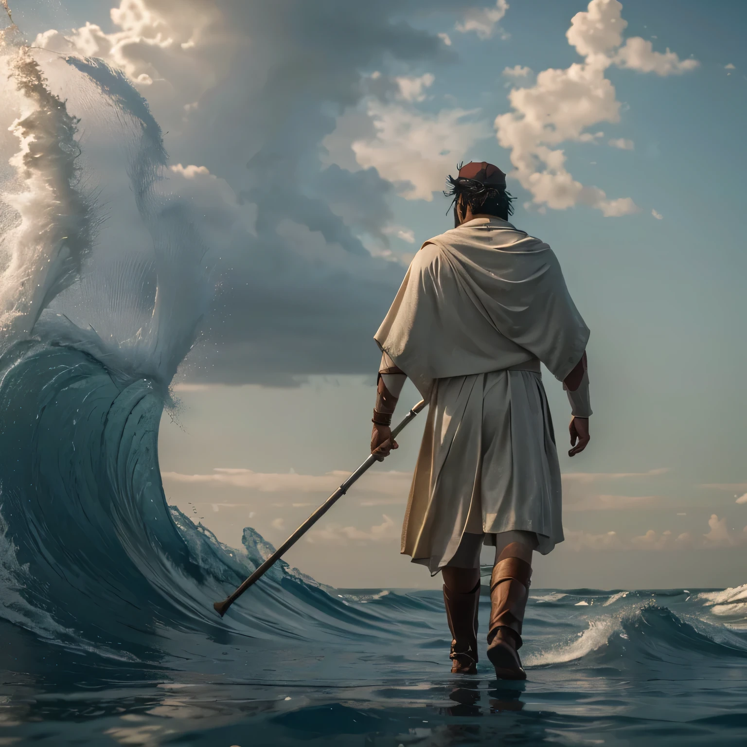 Moses walks as he divides the sea in two. Cinematic and dramatic scene