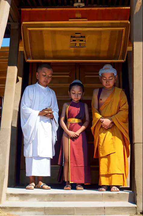 painting of a man standing on a bench with a woman standing on a man, buddhism, buddhist, buddhist art, the buddha, on the path ...