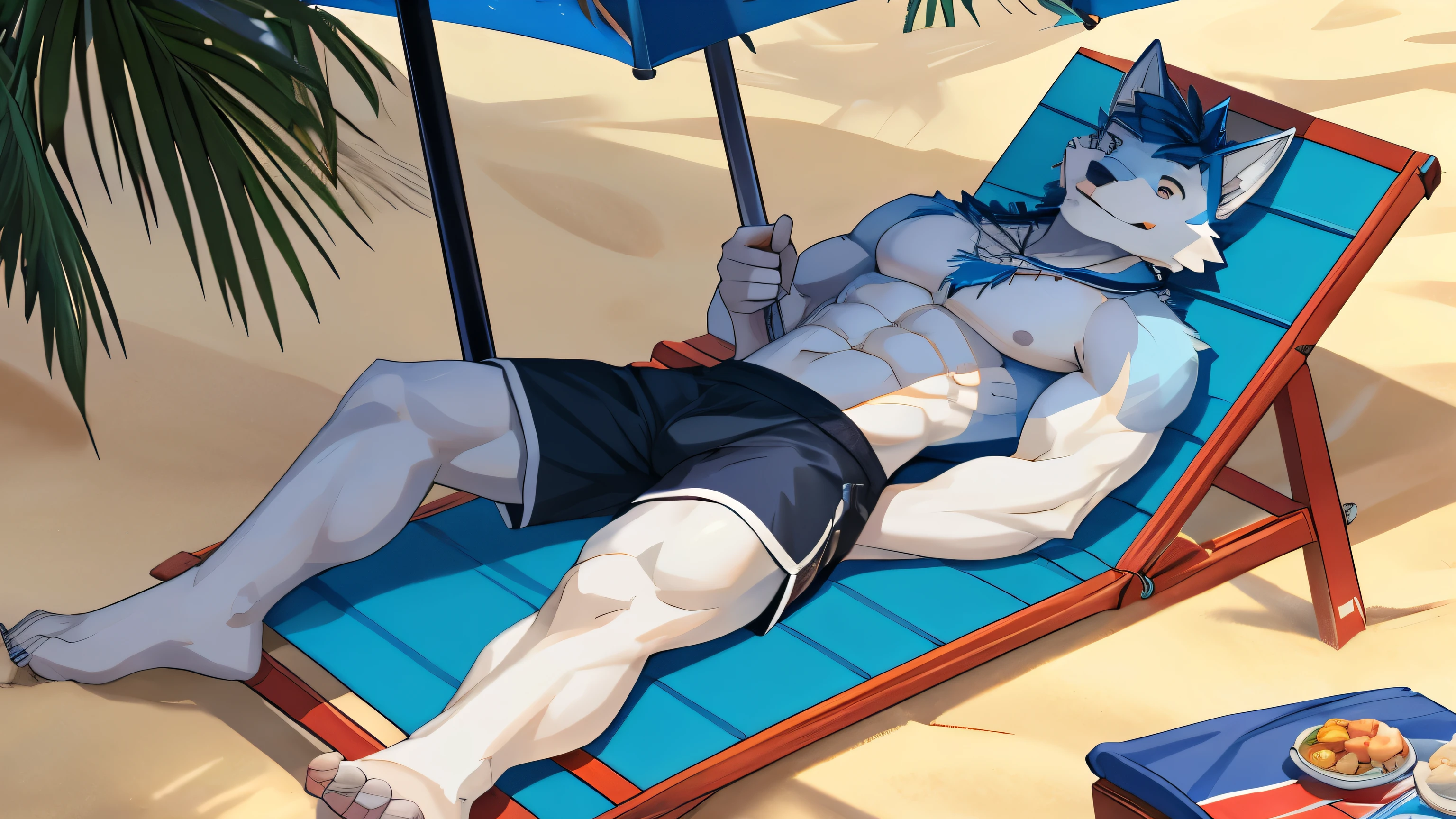 Masterpiece, high quality, muscular werewolf, young adult, tall stature, light blue and white fur, sunny and cheerful personality, red and black athletic shorts, midsummer beach, lying on a beach chair with an umbrella